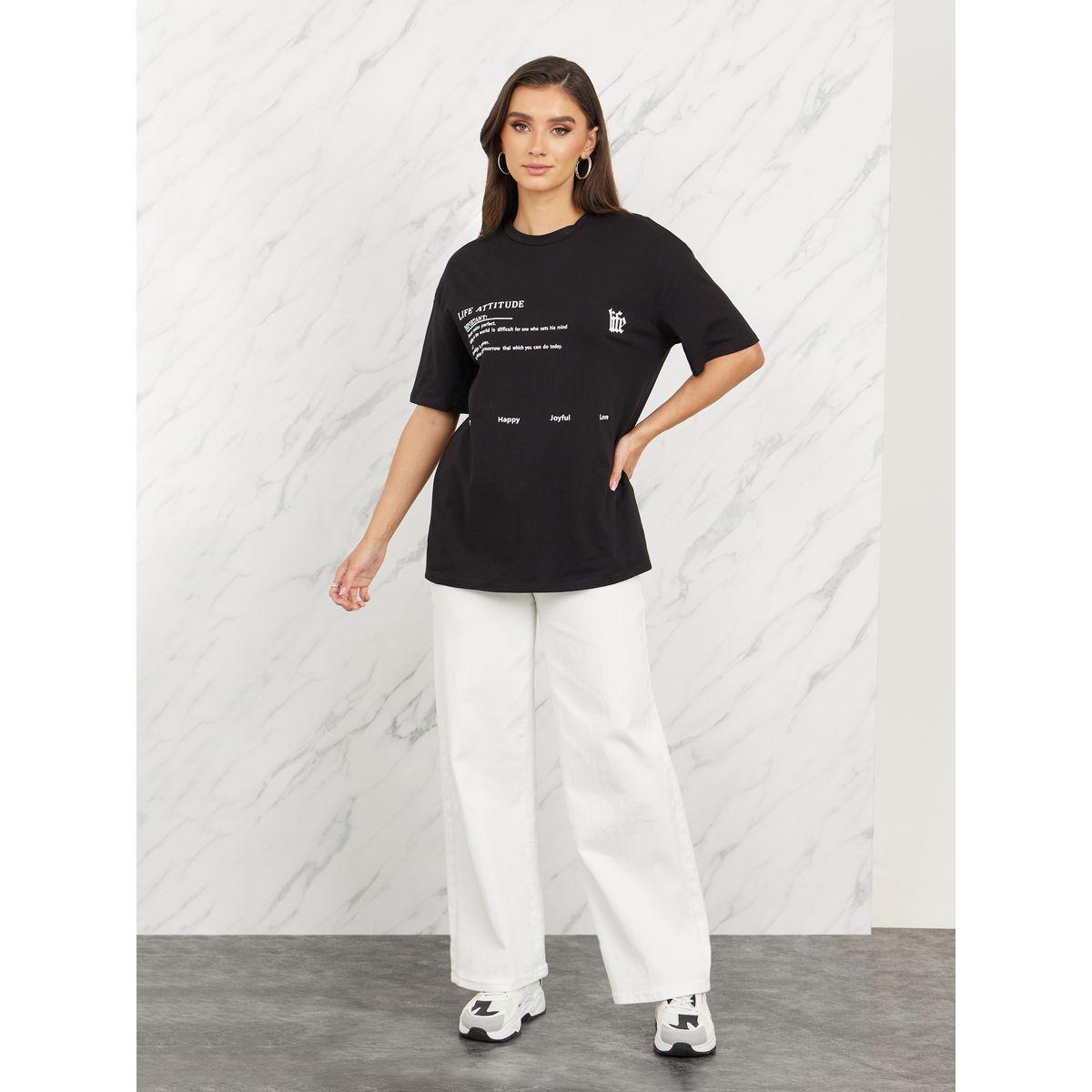 تيشيرت واسع مطبع بطبعة كتابة-women-clothing-tshirts-image-2