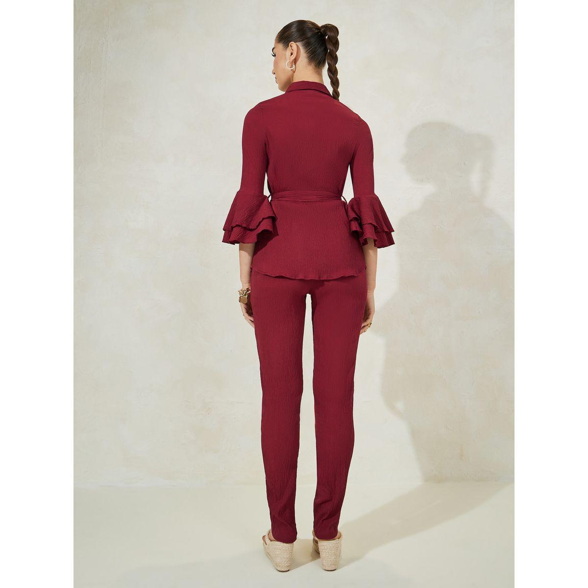 طقم منسق من بنطال بقصة مستدقة مع بلوزة كريب باكمام جرس-women-clothing-coordsets-image-4