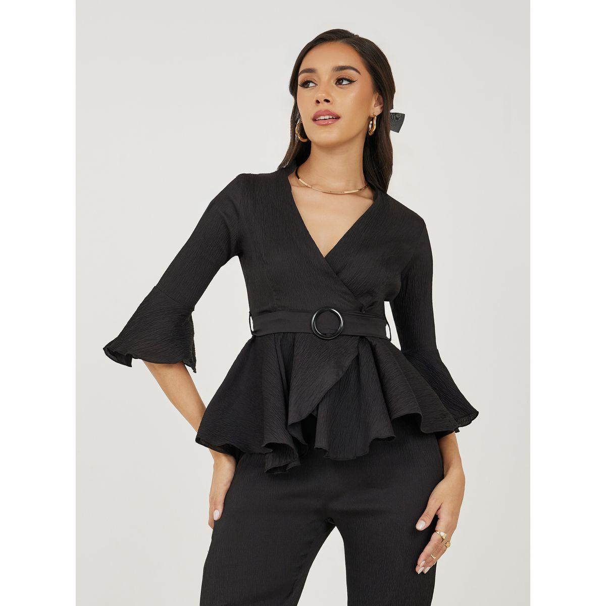 Styli V Neck Belted Peplum Top & Bootcut Pants Co-Ords-women-clothing-coordsets-image-2