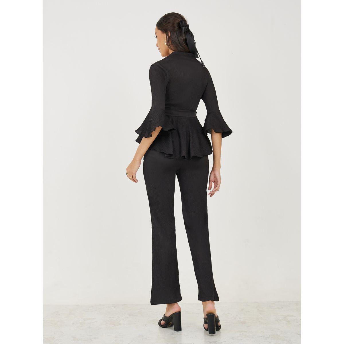 طقم منسق من بنطال بوت كات مع بلوزة بيبلوم بحزام خصر-women-clothing-coordsets-image-5