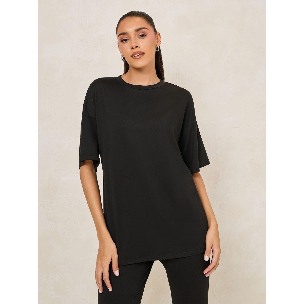 Styli Back Slogan Print Oversized T-Shirt & Flared Joggers Co-Ords-women-clothing-coordsets-image-4