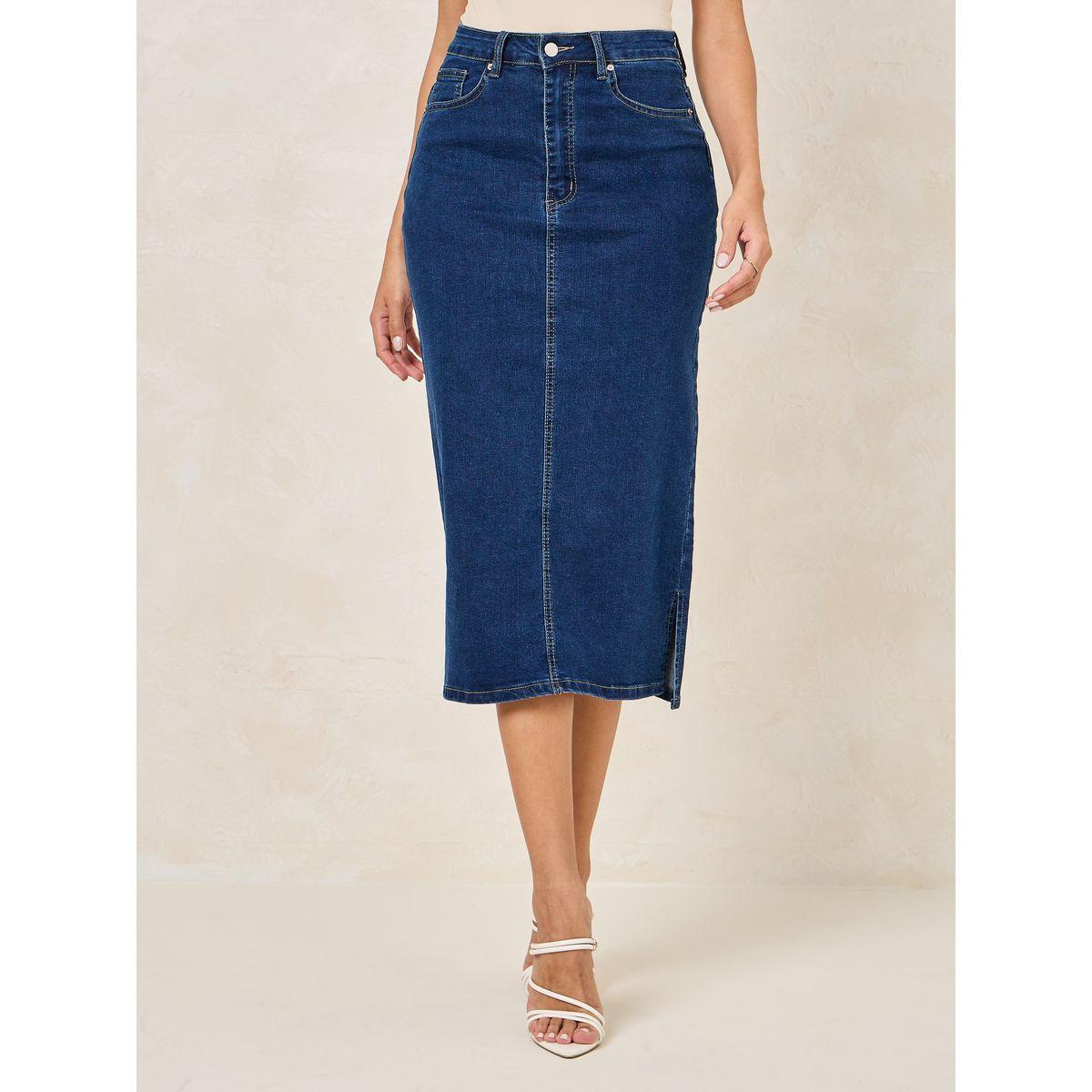 Styli Straight Fit Denim Skirt with Side Slit-women-clothing-bottoms-skirts-image-1