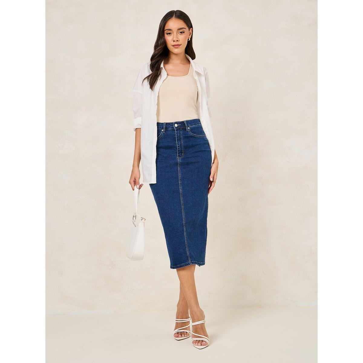 تنورة دنيم بقصة مستقيمة وشق جانبي-women-clothing-bottoms-skirts-image-2