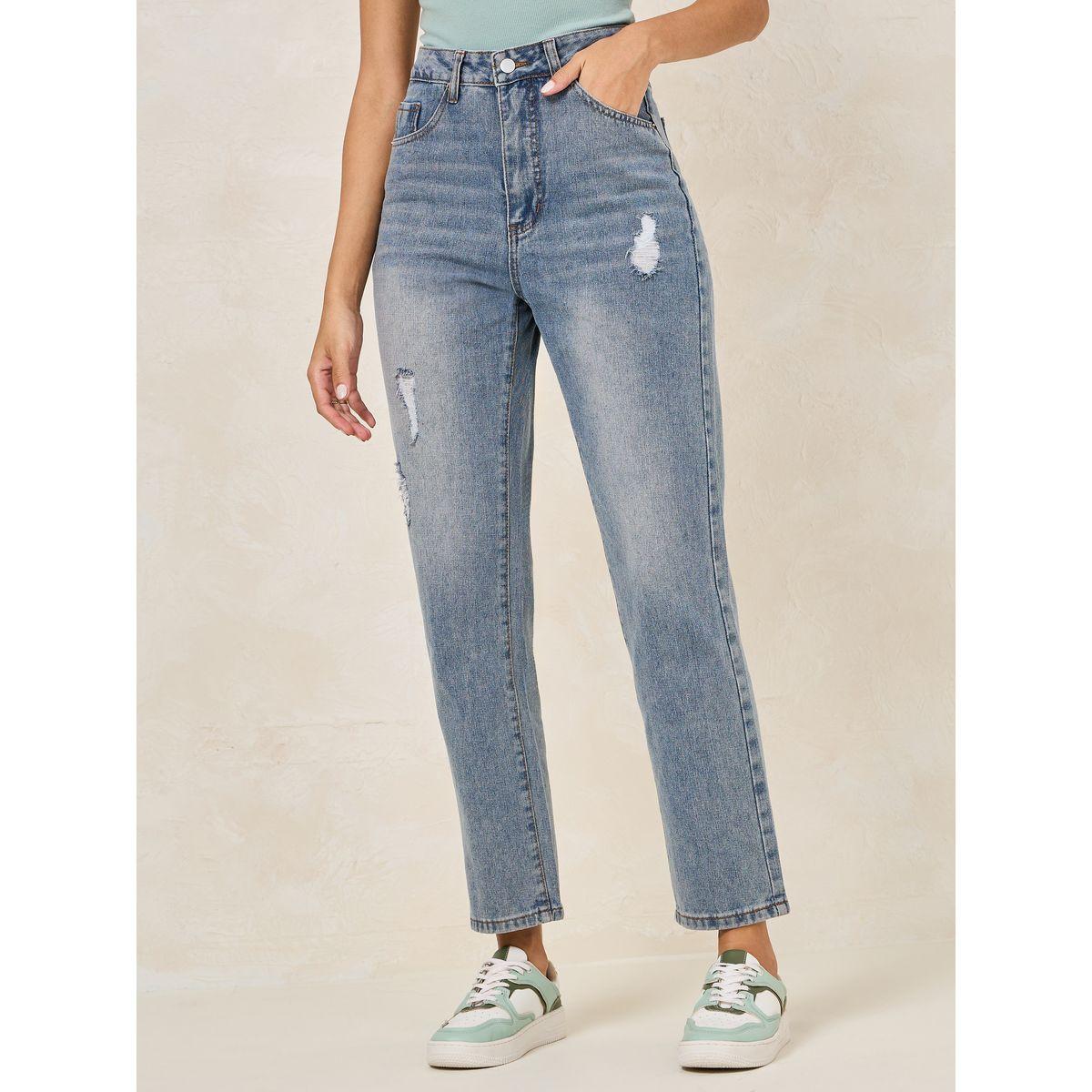 Styli High Rise Straight Fit Jeans with Slight Distress-women-clothing-bottoms-jeans-image-1