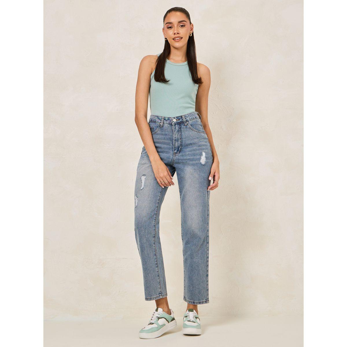Styli High Rise Straight Fit Jeans with Slight Distress-women-clothing-bottoms-jeans-image-2