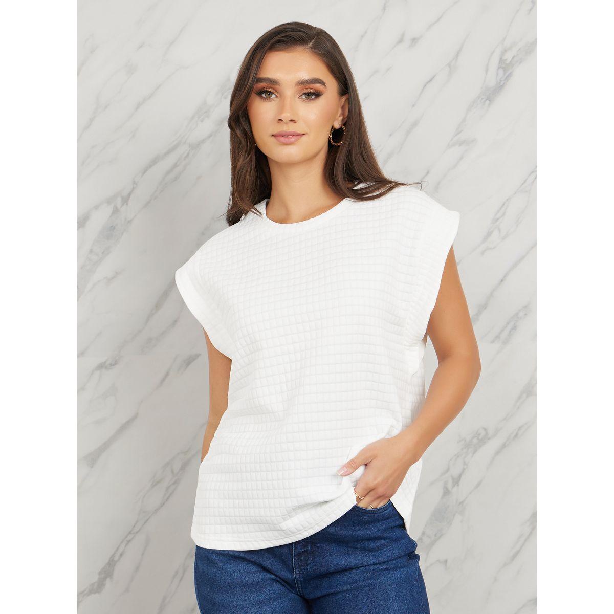 Styli Relaxed Fit Grid Textured Cap Sleeve T-Shirt-women-clothing-tshirts-image-1