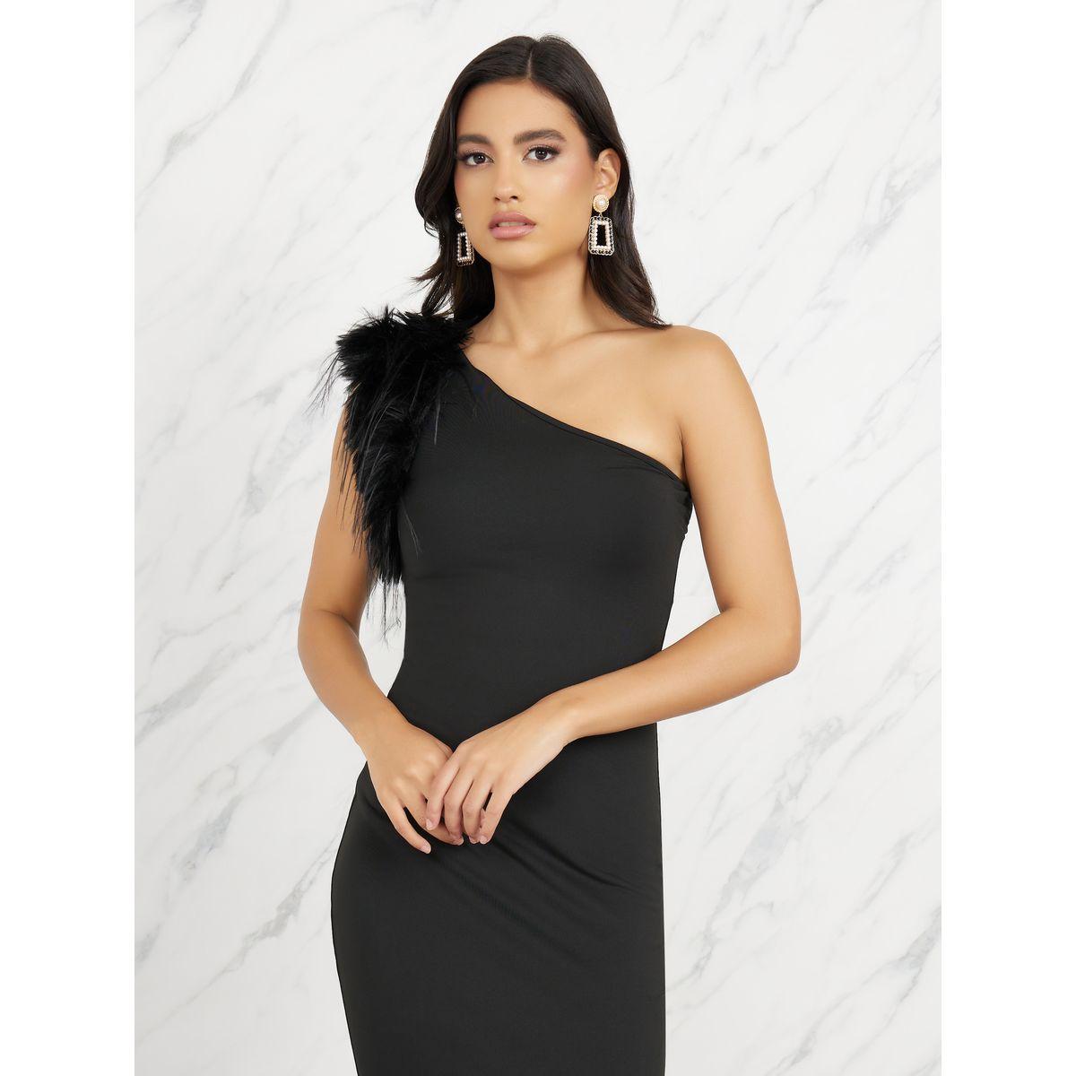 فستان طويل بكتف واحد وريش صناعي-women-clothing-dresses-image-2