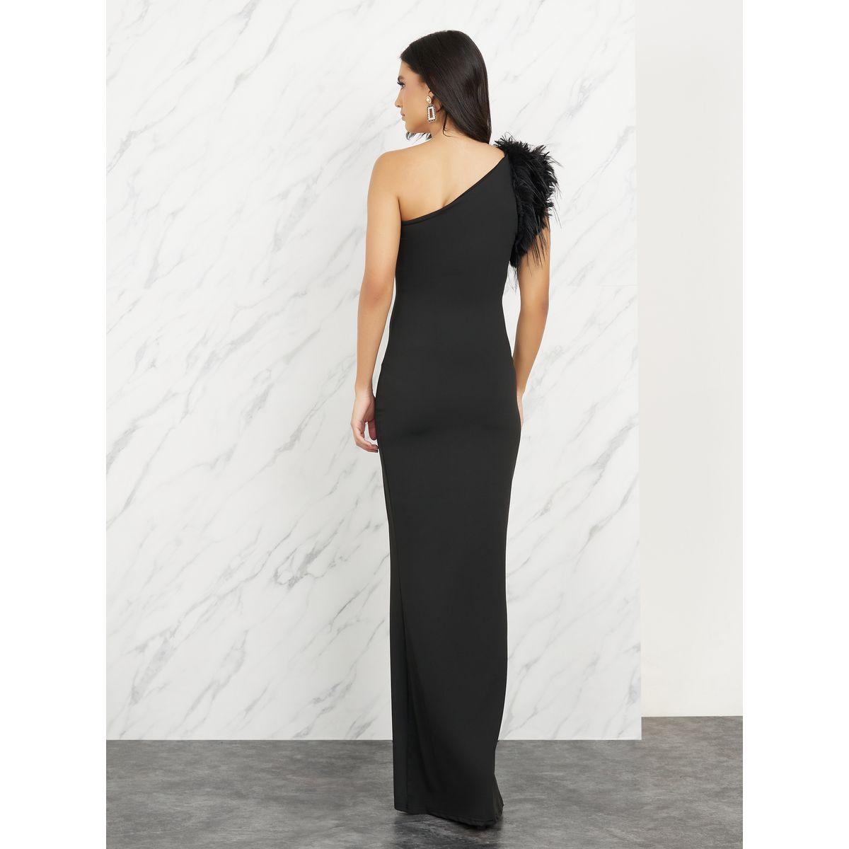 فستان طويل بكتف واحد وريش صناعي-women-clothing-dresses-image-4