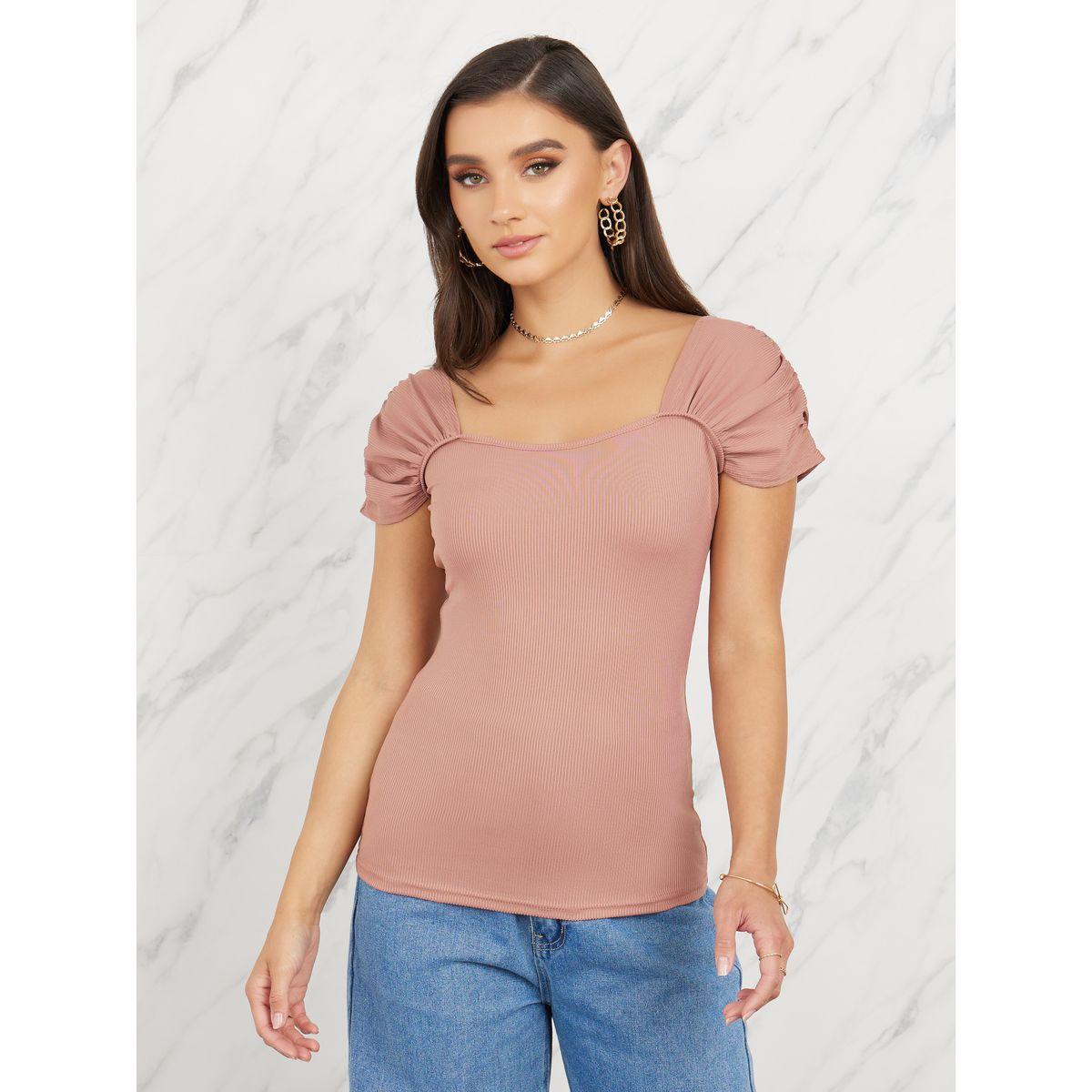 Styli Ruched Detail Sleeves Knit Fitted Top-women-clothing-shirtsandblouses-blouses-image-2