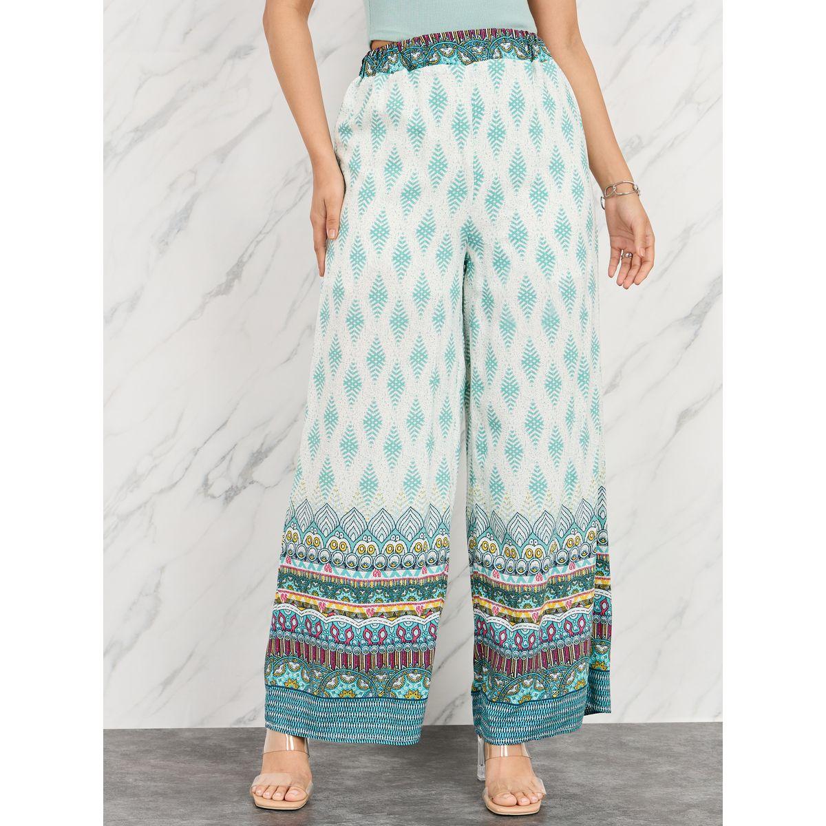 بنطال بارجل واسعة وطبعة بوهيمية مع خصر مطاطي-women-clothing-bottoms-trousers-image-1