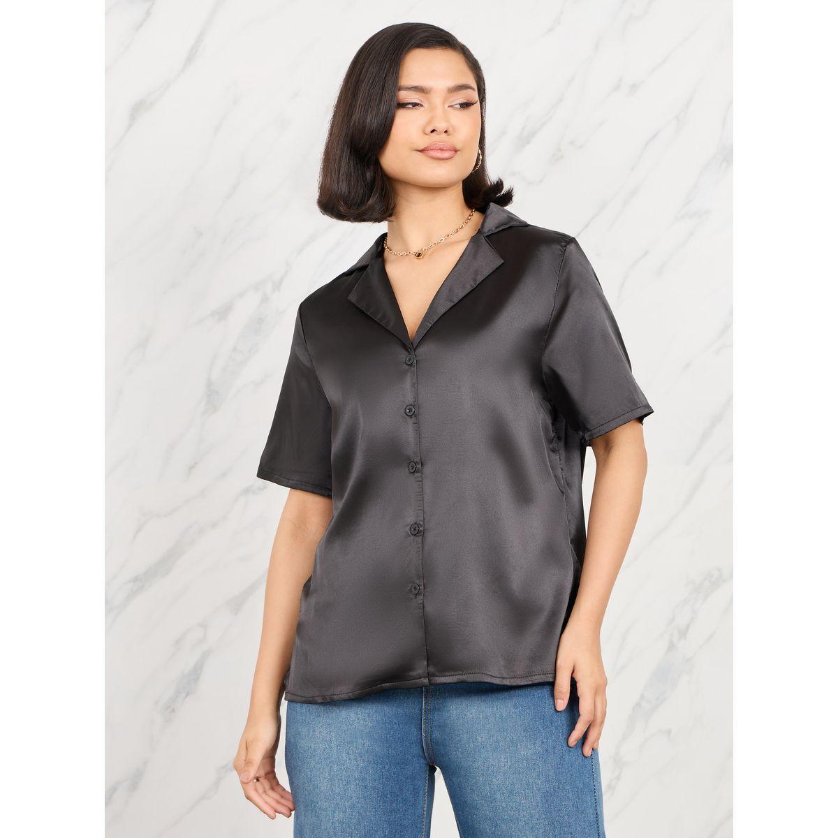 Styli Satin Resort Collar Shirt with Short Sleeves-women-clothing-shirtsandblouses-shirts-image-1