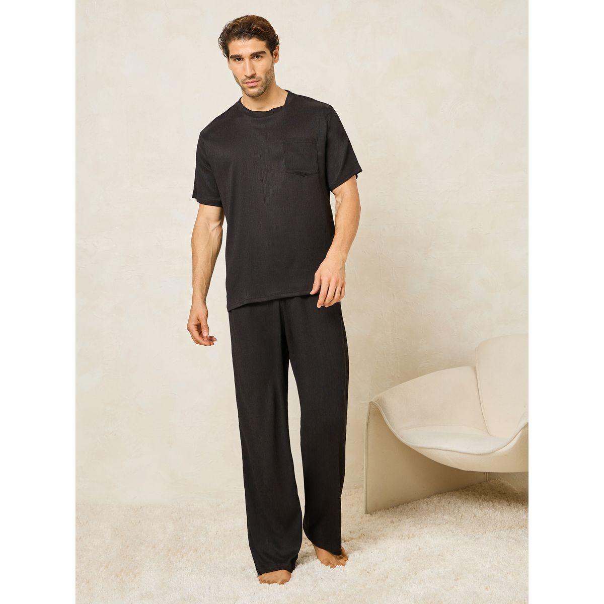 Styli Unwind Textured Crew Neck T-Shirt & Straight Pyjama Set-men-clothing-nightwear-sets-image-1