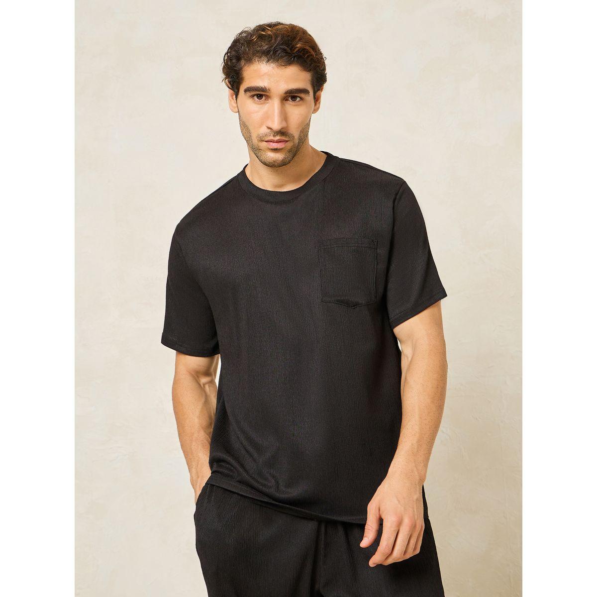 Styli Unwind Textured Crew Neck T-Shirt & Straight Pyjama Set-men-clothing-nightwear-sets-image-2