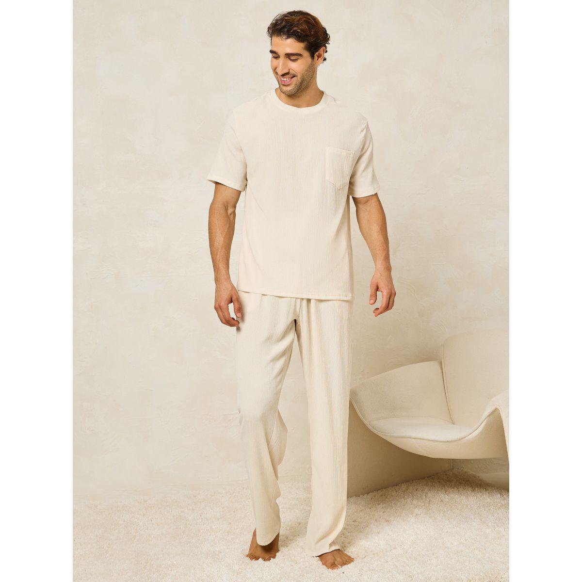Styli Unwind Textured Crew Neck T-Shirt & Straight Pyjama Set-men-clothing-nightwear-sets-image-1