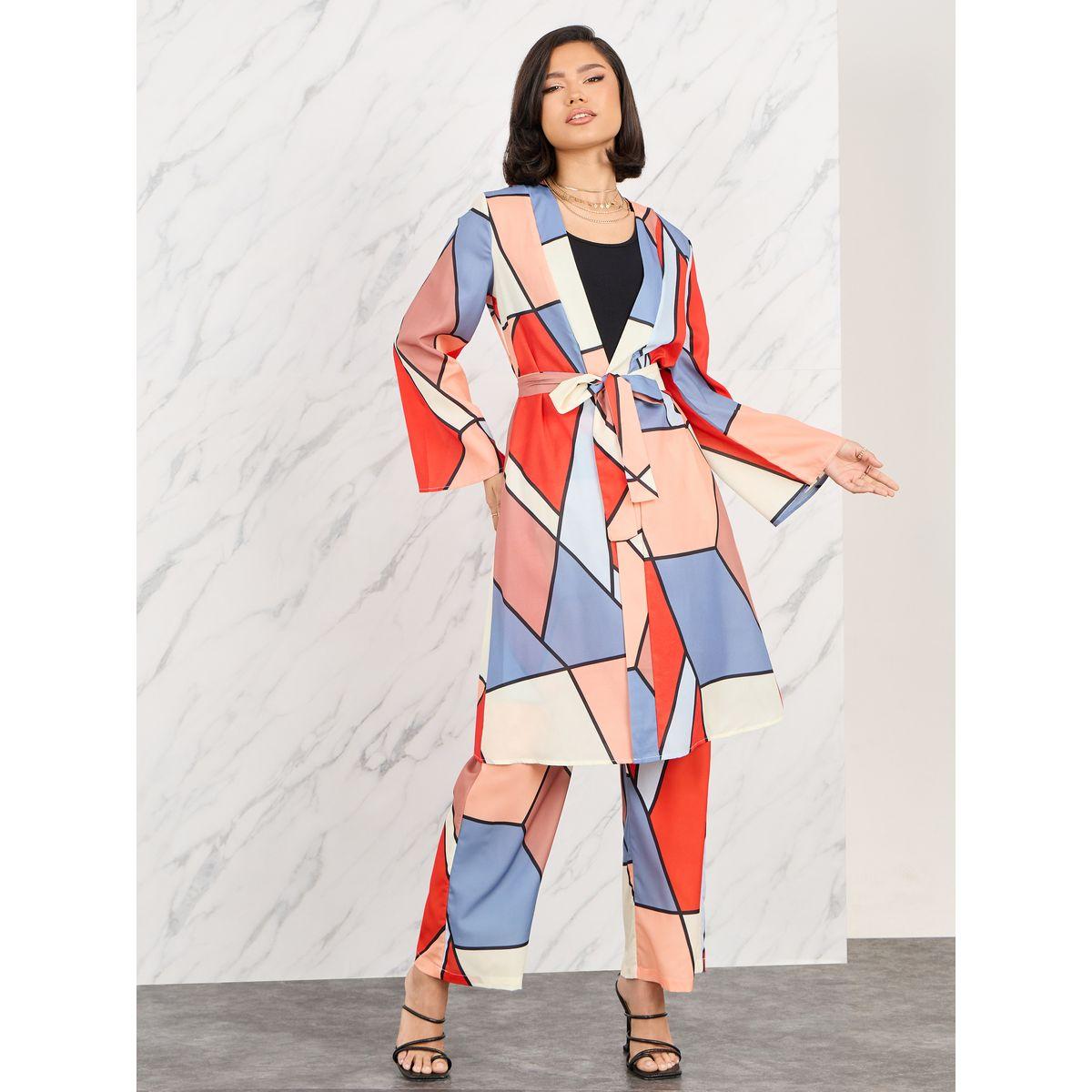 Styli Abstract Print Kimono with Tie Up Belt & Straight Leg Pants Co-Ord-women-clothing-coordsets-image-1