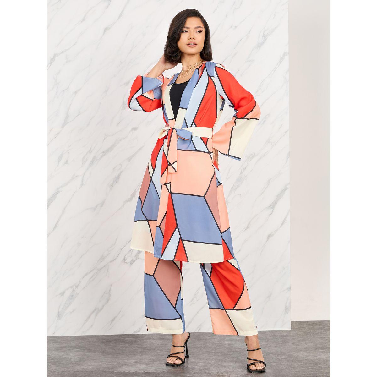 Styli Abstract Print Kimono with Tie Up Belt & Straight Leg Pants Co-Ord-women-clothing-coordsets-image-2