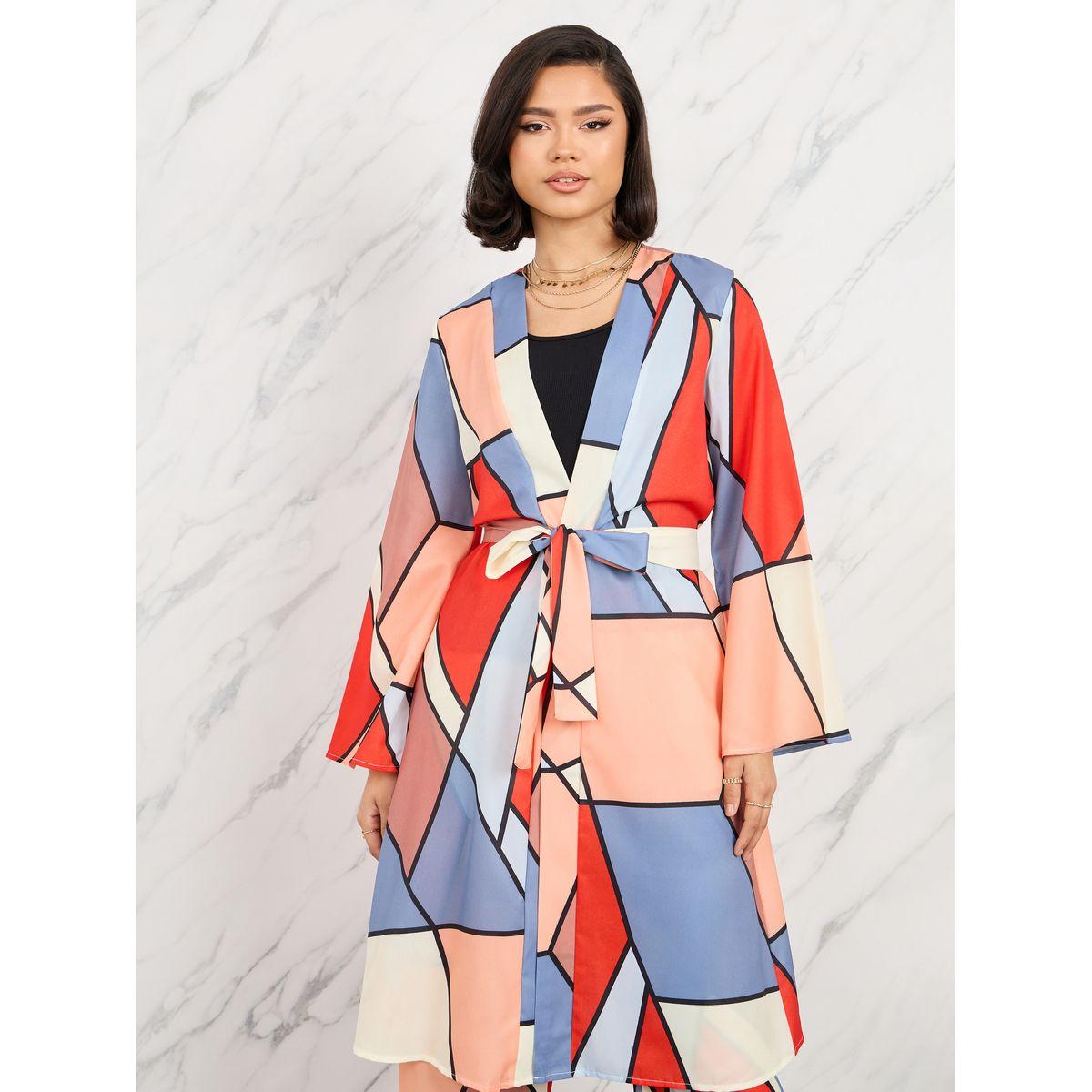 Styli Abstract Print Kimono with Tie Up Belt & Straight Leg Pants Co-Ord-women-clothing-coordsets-image-3