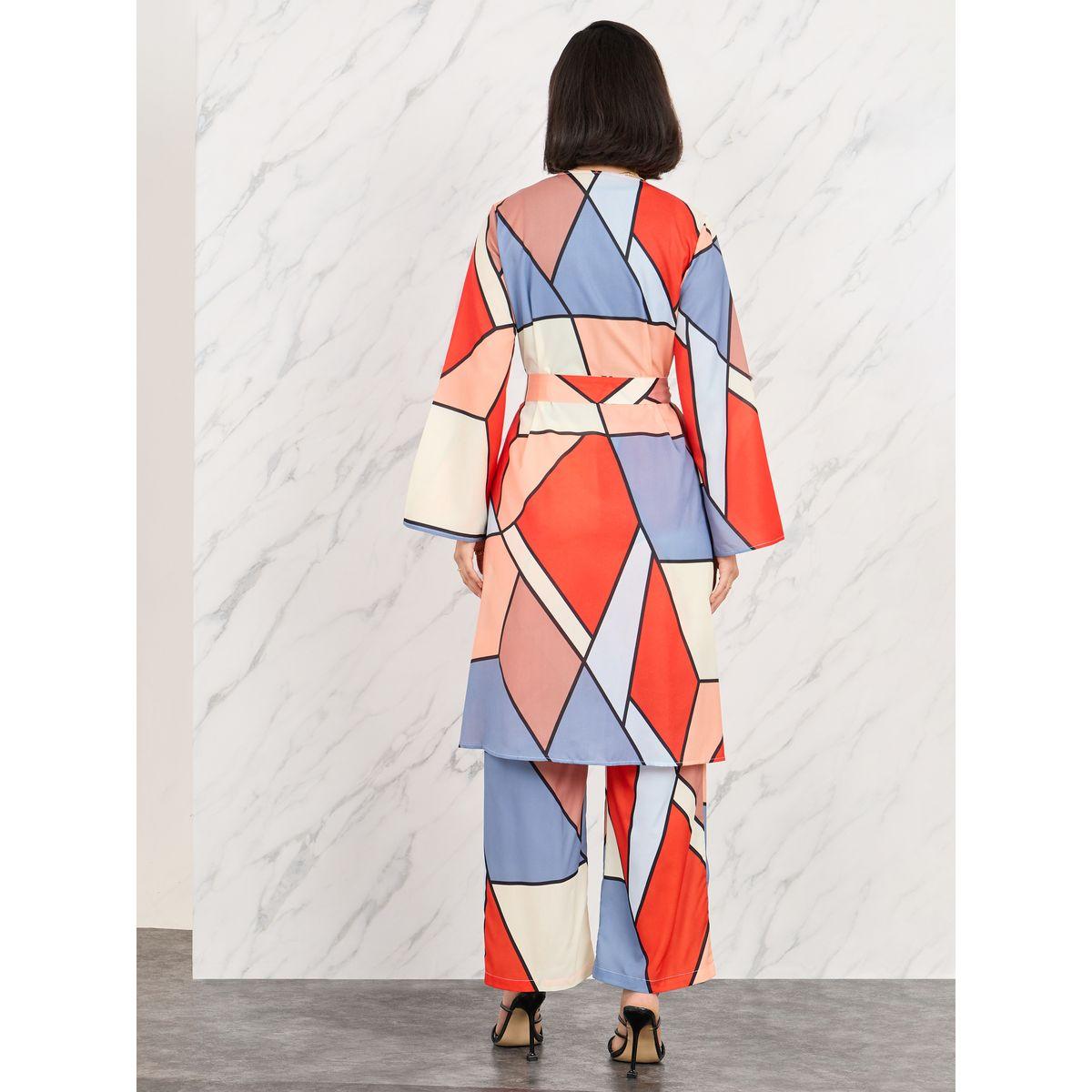 Styli Abstract Print Kimono with Tie Up Belt & Straight Leg Pants Co-Ord-women-clothing-coordsets-image-5