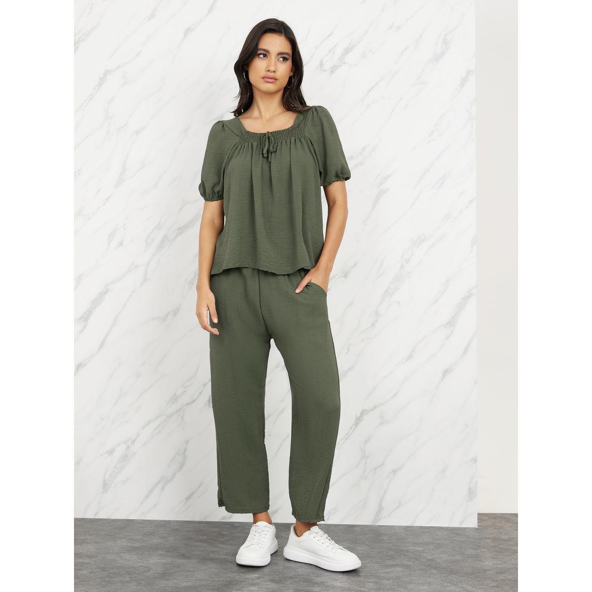 Styli Smocked Detail Square Neck Blouse & Straight Leg Crop Pants Set-women-clothing-coordsets-image-1