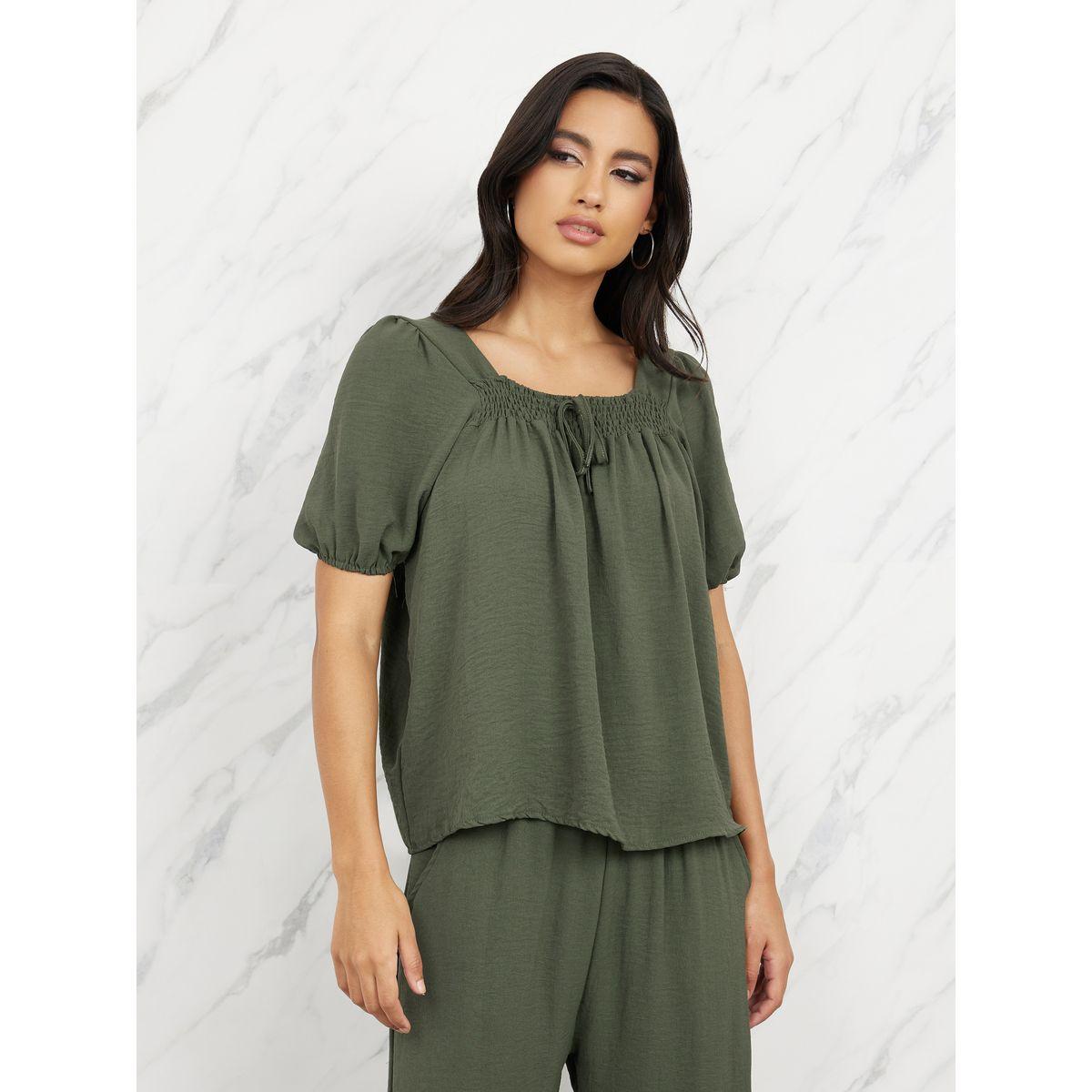 Styli Smocked Detail Square Neck Blouse & Straight Leg Crop Pants Set-women-clothing-coordsets-image-2