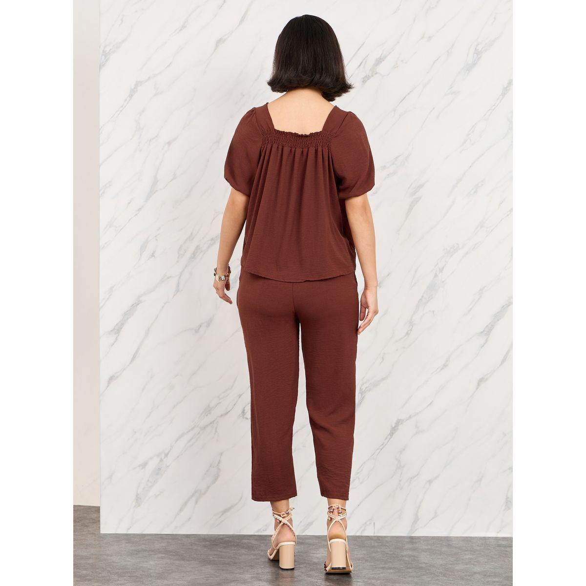 Styli Smocked Detail Square Neck Blouse & Straight Leg Crop Pants Set-women-clothing-coordsets-image-4