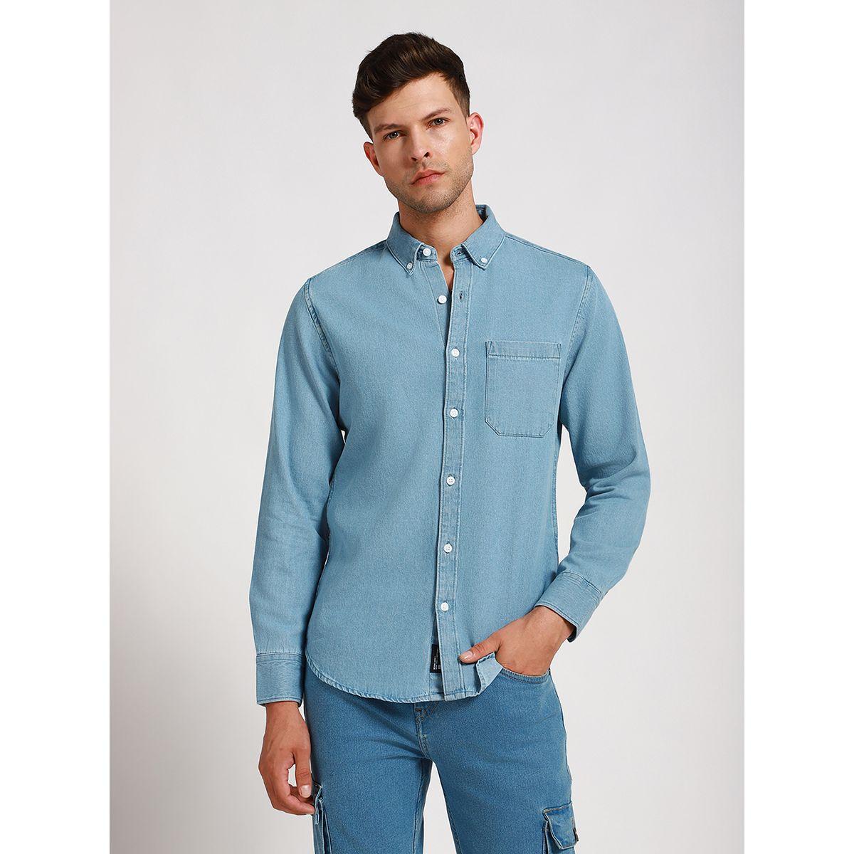 Dennis Lingo Chest Pocket Denim Slim Fit Shirt with Long Sleeves-men-clothing-shirts-image-1