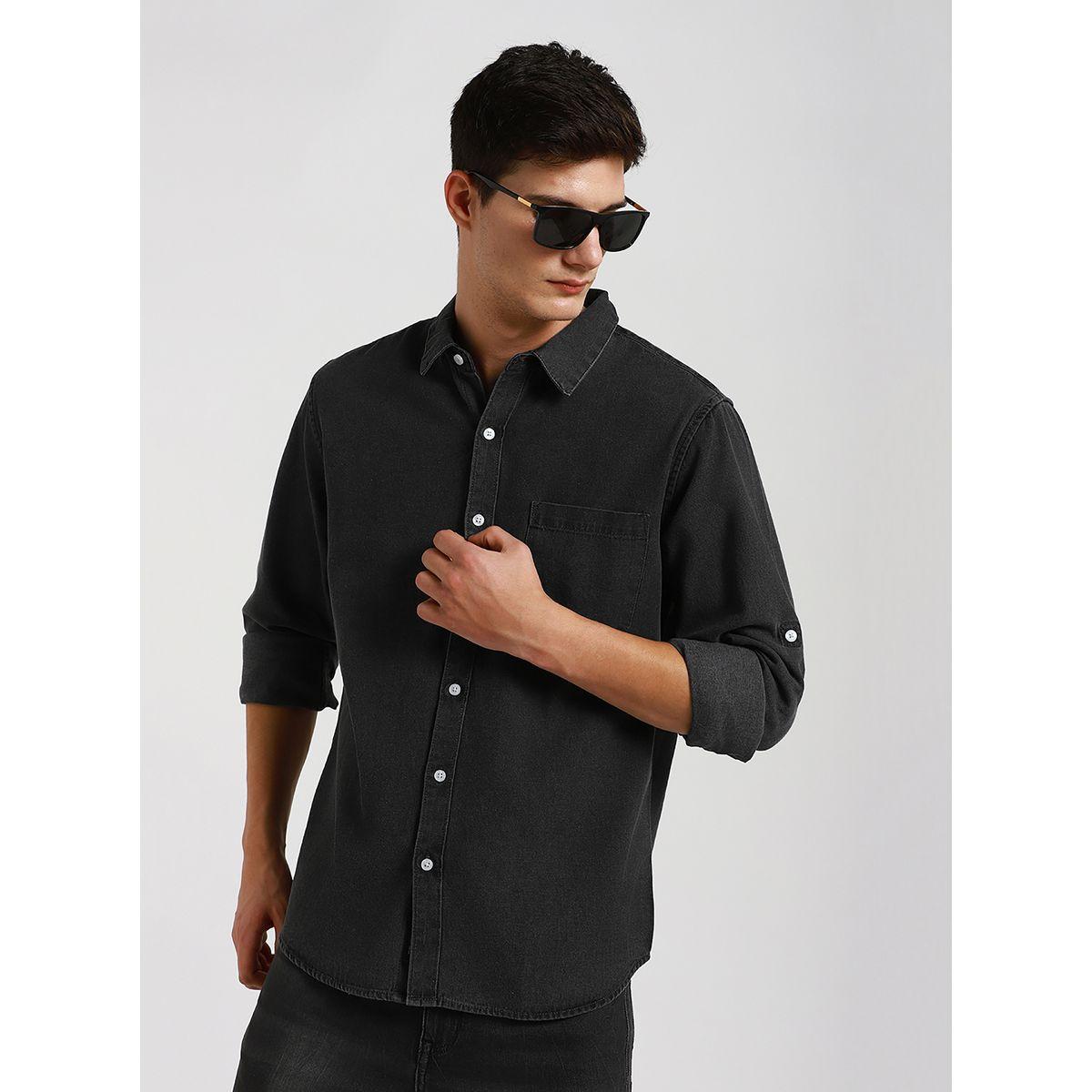Dennis Lingo Chest Pocket Denim Slim Fit Shirt with Roll Up Sleeves-men-clothing-shirts-image-1