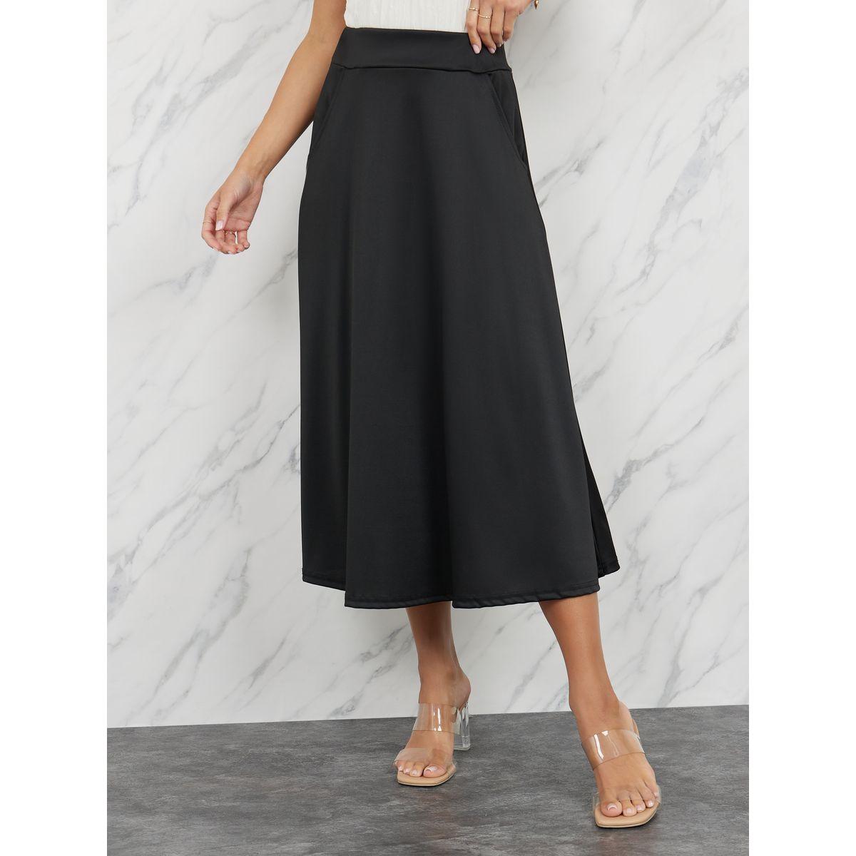 تنورة ميدي سادة بخصر مطاطي جيوب-women-clothing-skirts-image-1