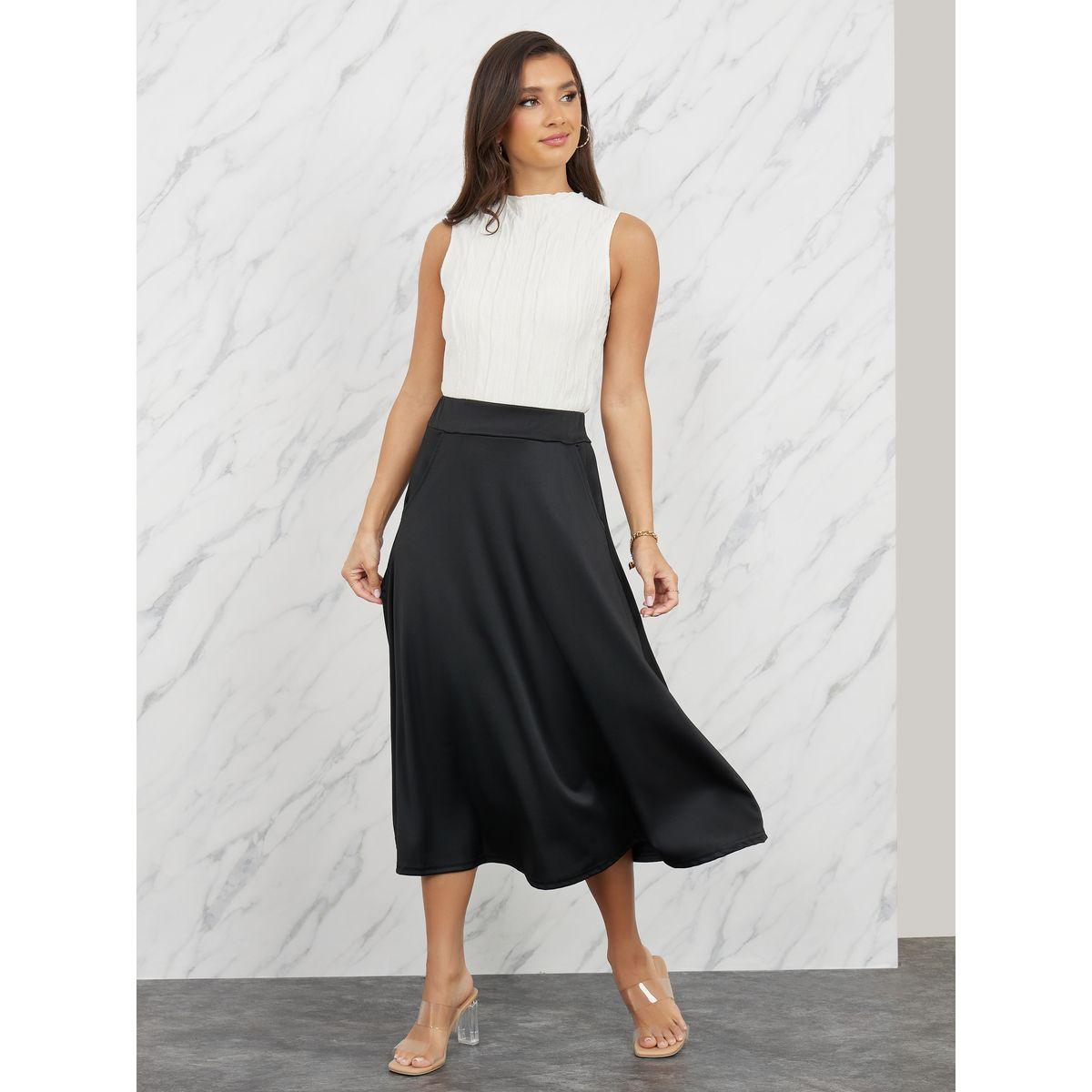 تنورة ميدي سادة بخصر مطاطي جيوب-women-clothing-skirts-image-2