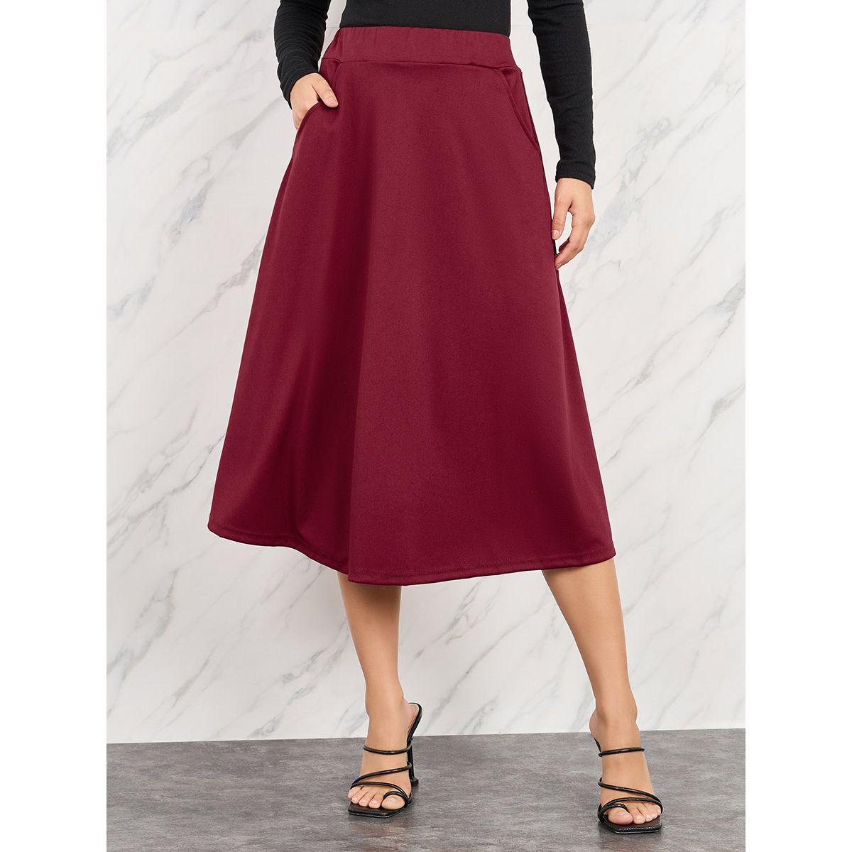 تنورة ميدي سادة بخصر مطاطي جيوب-women-clothing-bottoms-skirts-image-1