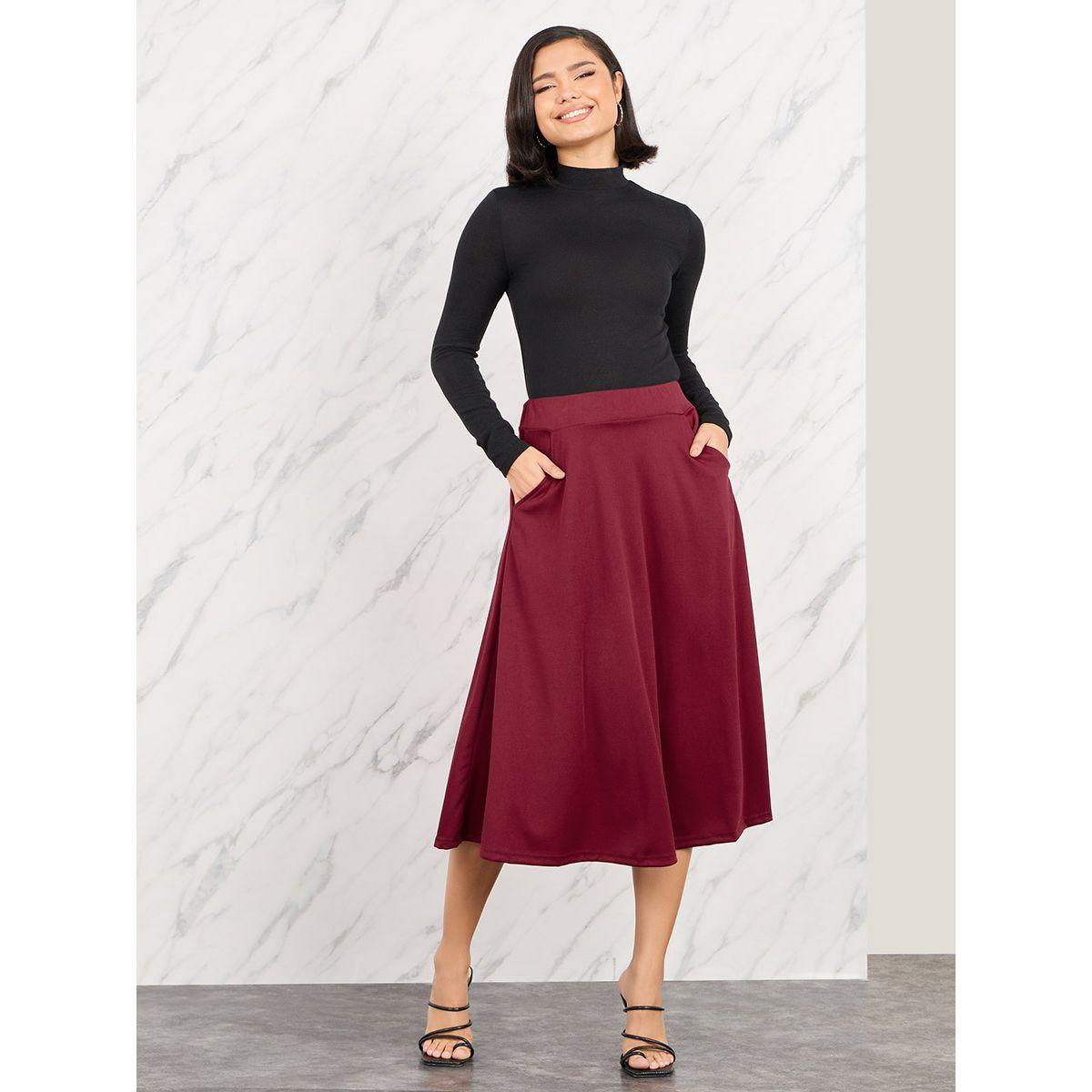 تنورة ميدي سادة بخصر مطاطي جيوب-women-clothing-bottoms-skirts-image-2