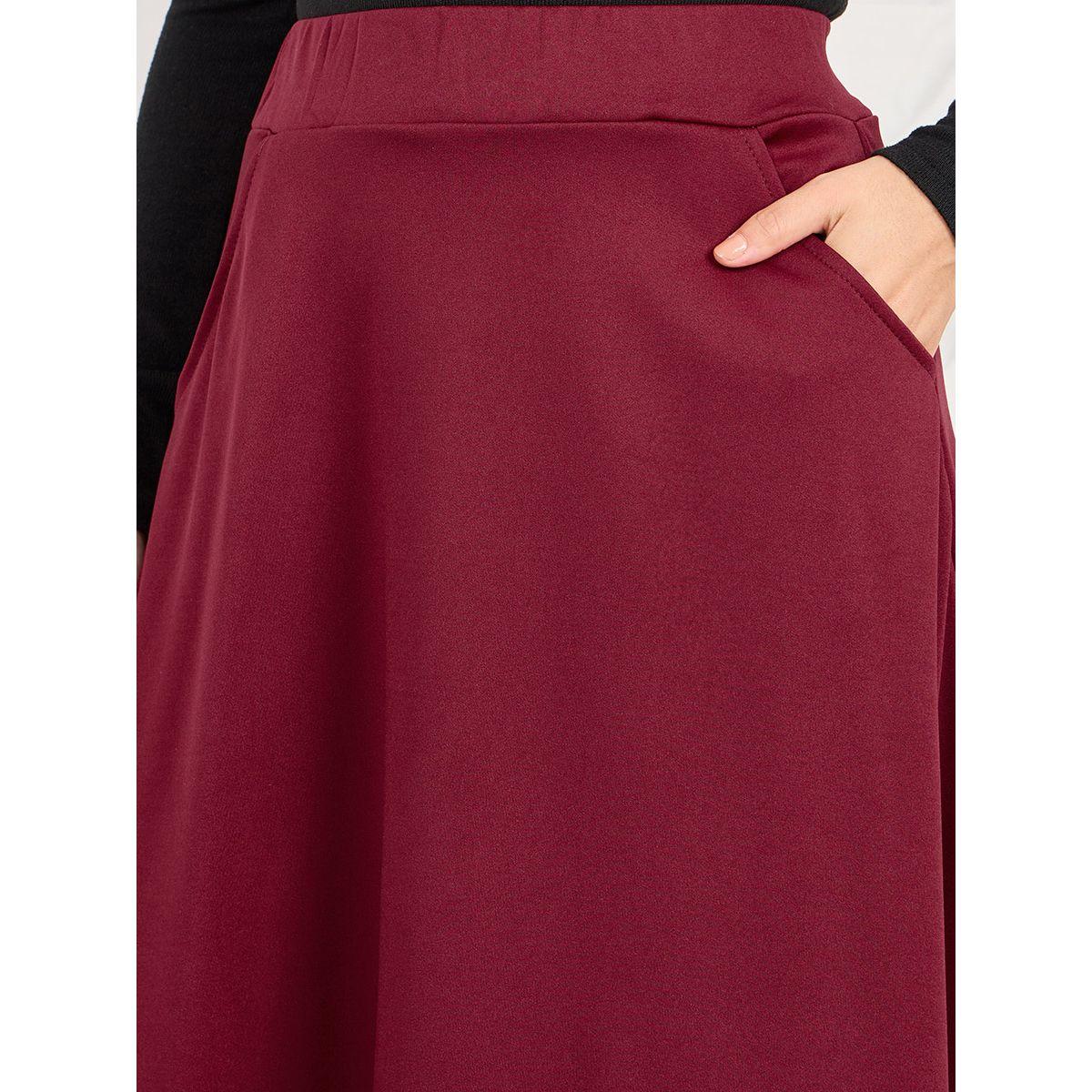 Styli Solid Elastic Waistband A-Line Midi Skirt with Pocket Detail-women-clothing-bottoms-skirts-image-3