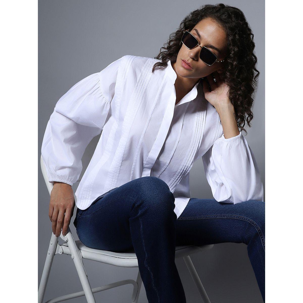 High Star X Styli  Pleated Detail Mandarin Collar Shirt with Long Sleeves-women-clothing-shirtsandblouses-shirts-image-1
