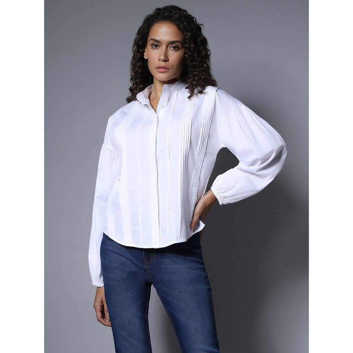 High Star X Styli  Pleated Detail Mandarin Collar Shirt with Long Sleeves-women-clothing-shirtsandblouses-shirts-image-2