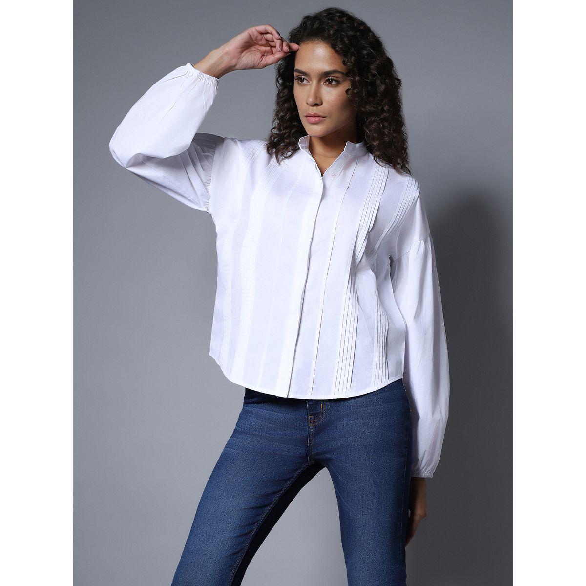 High Star X Styli  Pleated Detail Mandarin Collar Shirt with Long Sleeves-women-clothing-shirtsandblouses-shirts-image-3