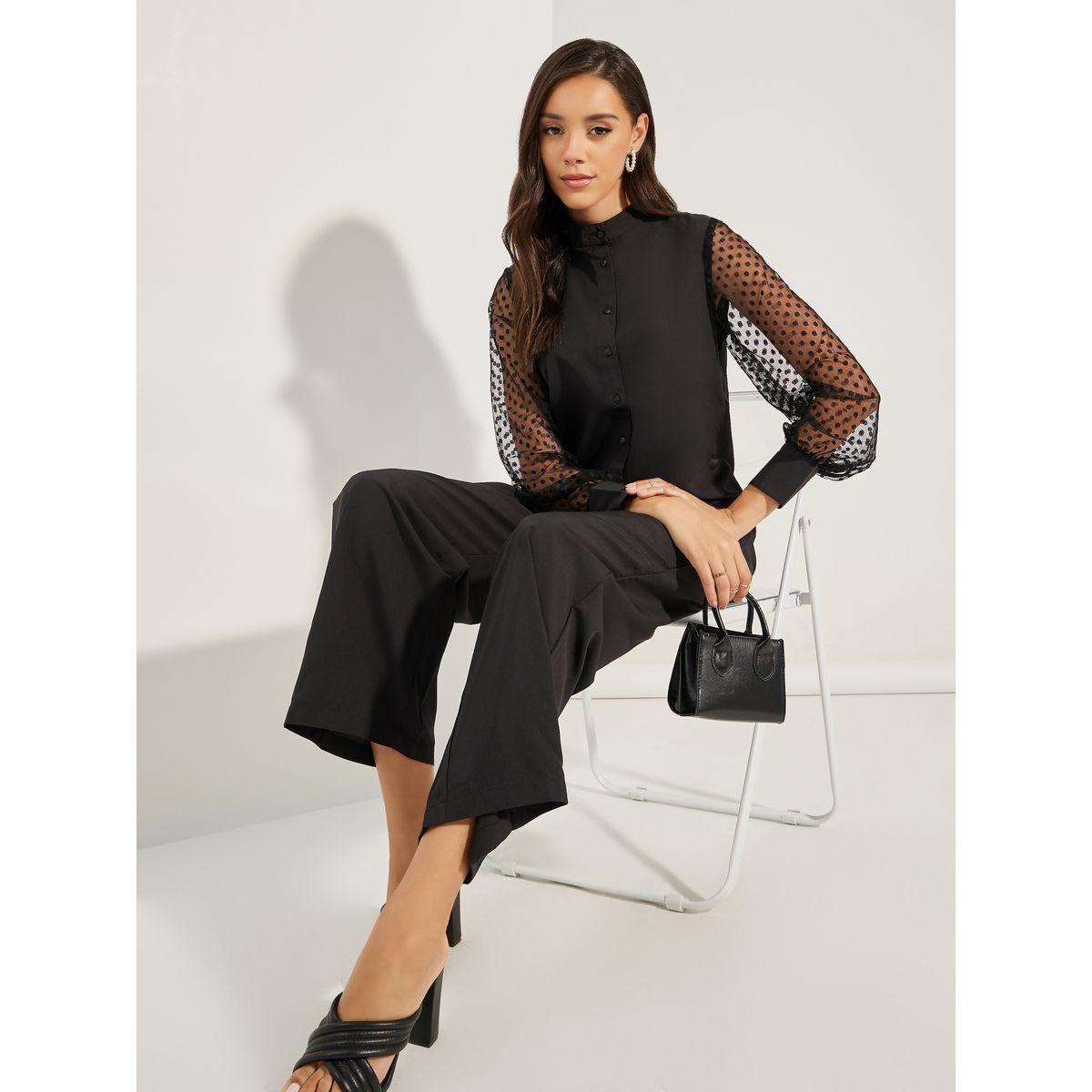 طقم منسق من بنطال أنيق مع بلوزة بتداخلات شبكية-women-clothing-coordsets-image-1