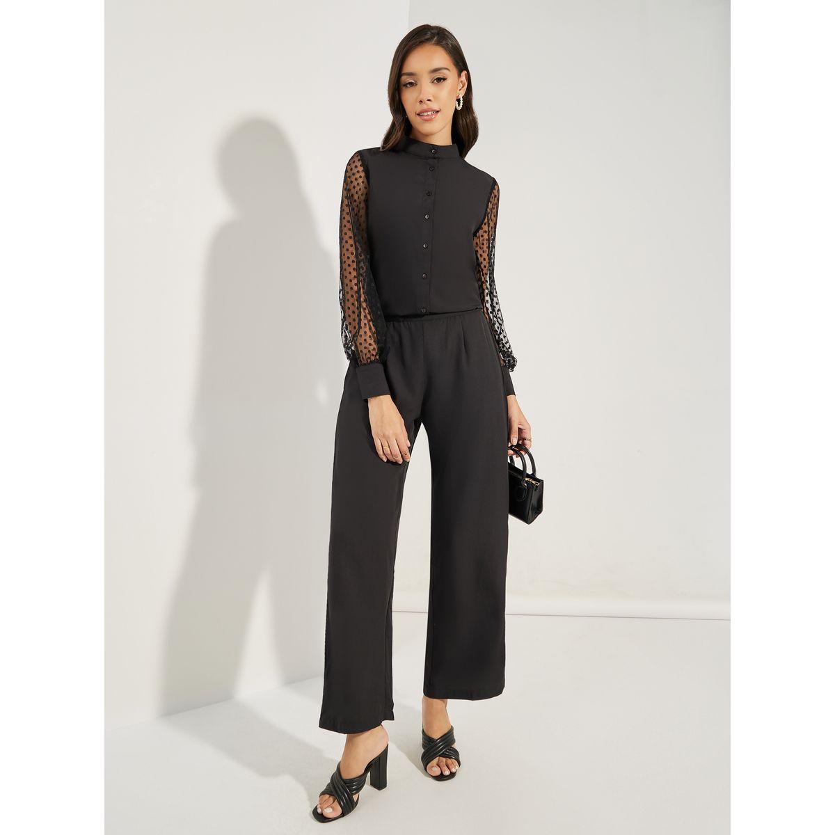 طقم منسق من بنطال أنيق مع بلوزة بتداخلات شبكية-women-clothing-coordsets-image-2