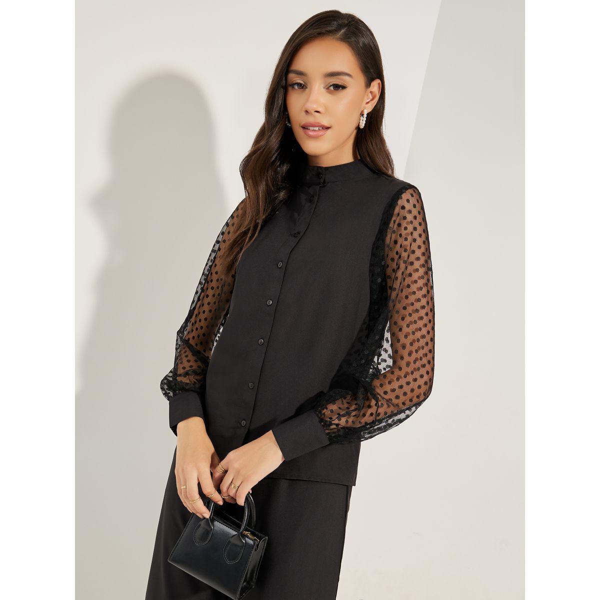 طقم منسق من بنطال أنيق مع بلوزة بتداخلات شبكية-women-clothing-coordsets-image-3