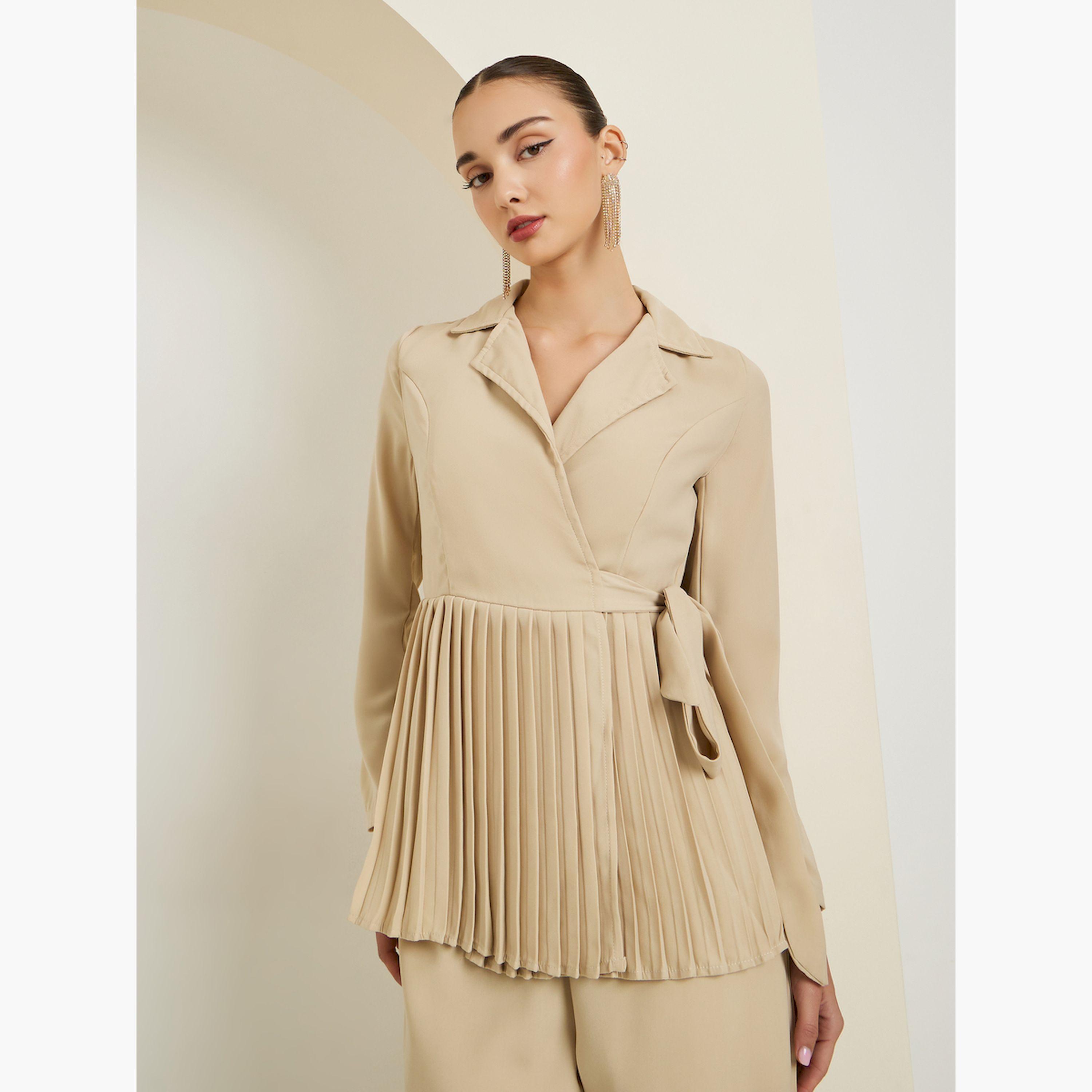 Styli Beige Pleated Blazer and Trousers Co-Ords-women-clothing-coordsets-image-2
