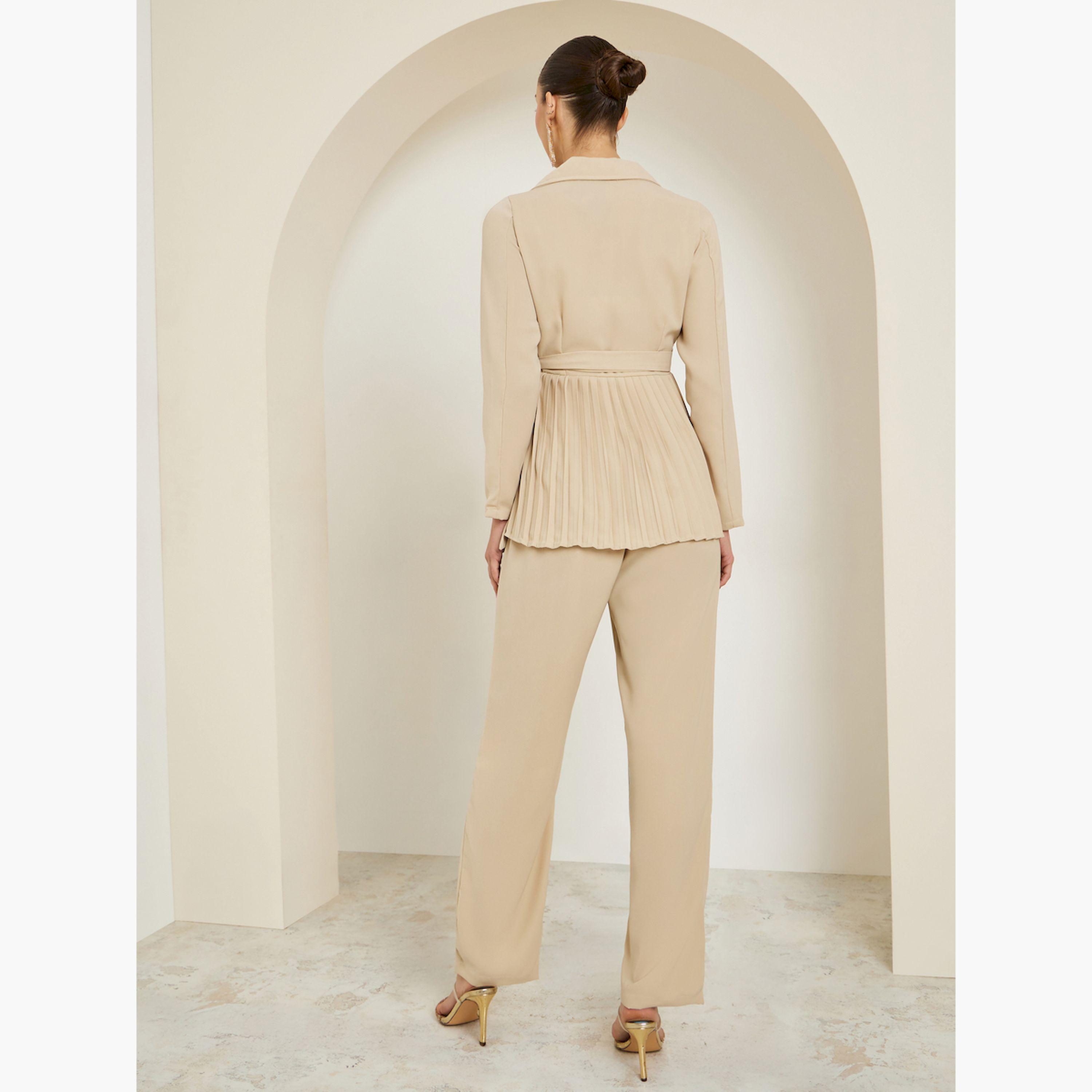 Styli Beige Pleated Blazer and Trousers Co-Ords-women-clothing-coordsets-image-6