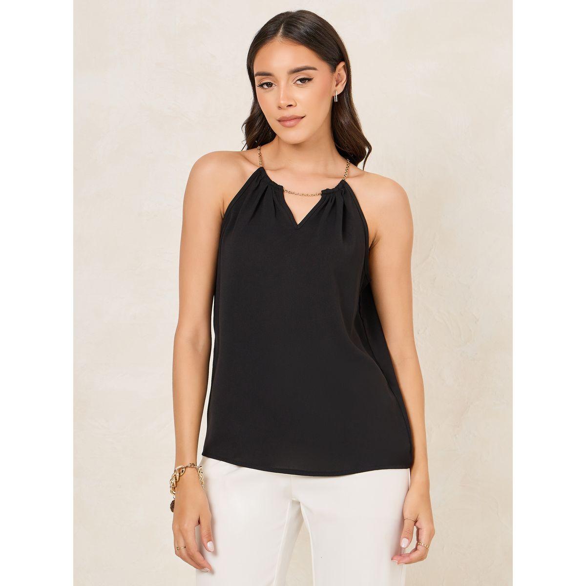 Styli Solid Woven Halter Top with Chain Detailing-women-clothing-shirtsandblouses-blouses-image-3