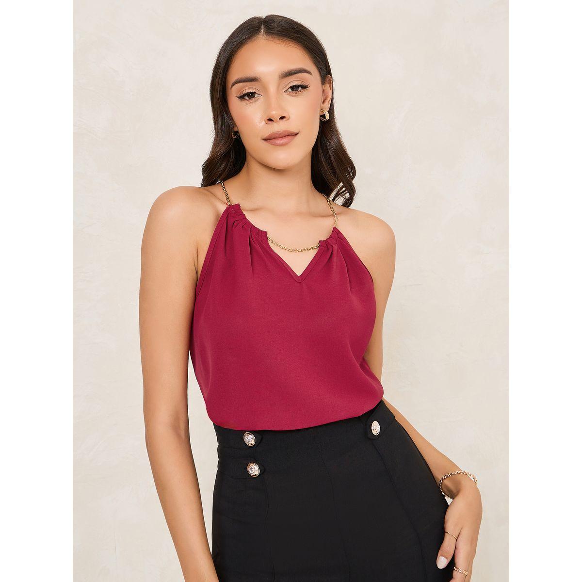 Styli Solid Woven Halter Top with Chain Detailing-women-clothing-shirtsandblouses-blouses-image-1