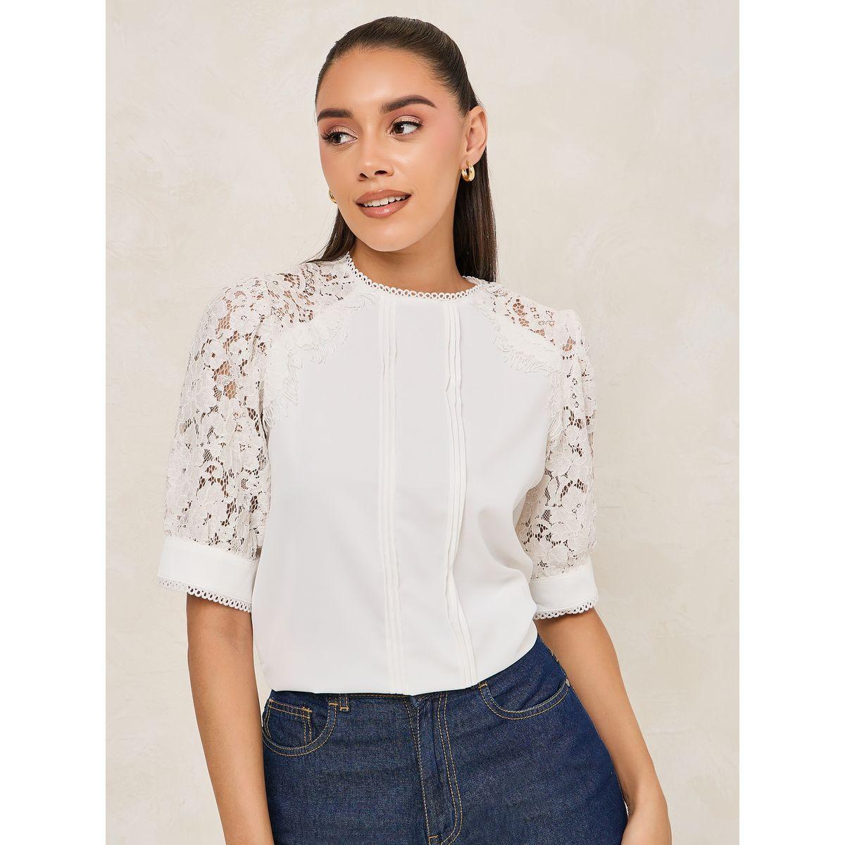 بلوزة بتفاصيل دانتيل مع اربطة-women-clothing-shirtsandblouses-blouses-image-1