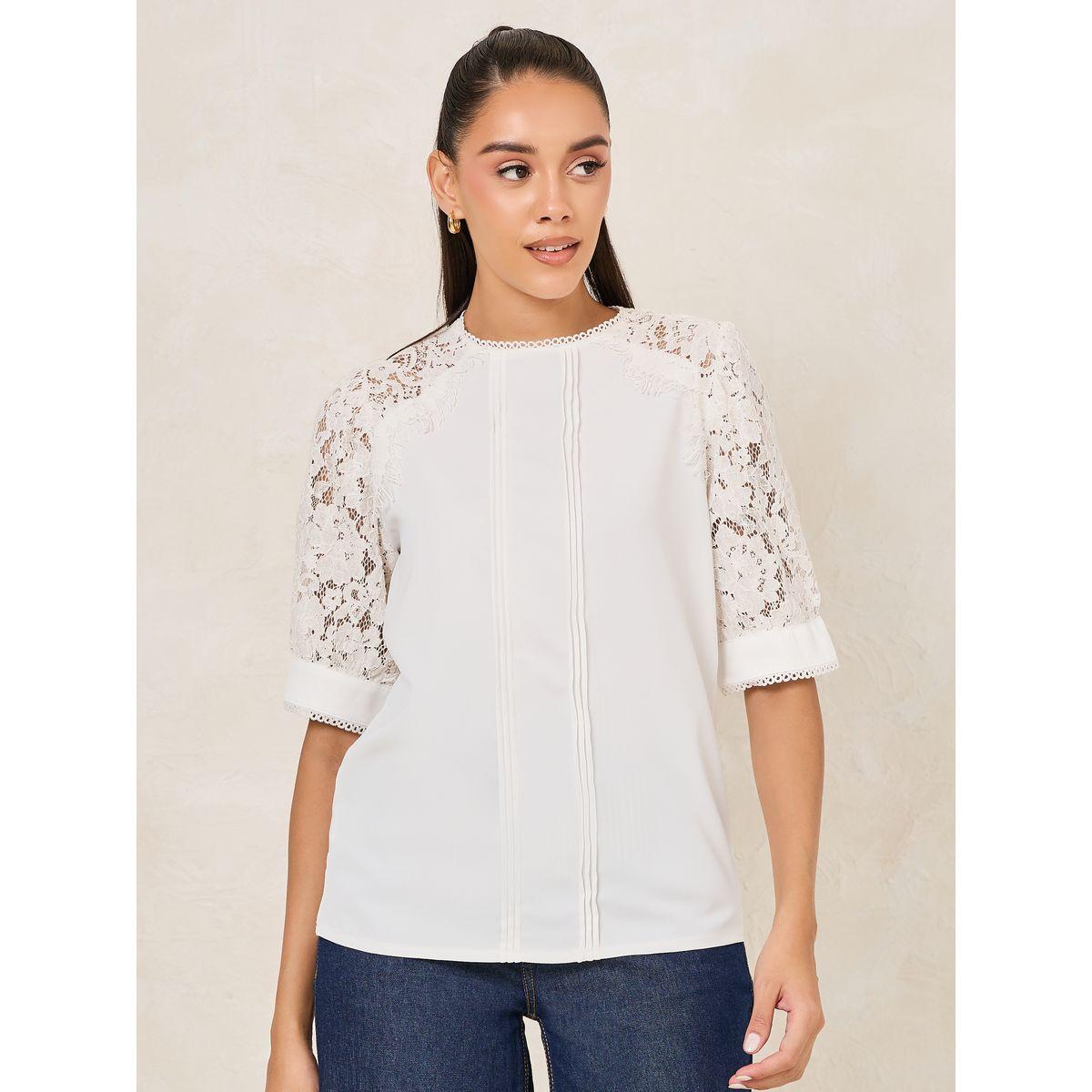 Styli Lace Detail Sleeves Pintuck Blouse with Tie Back-women-clothing-shirtsandblouses-blouses-image-3