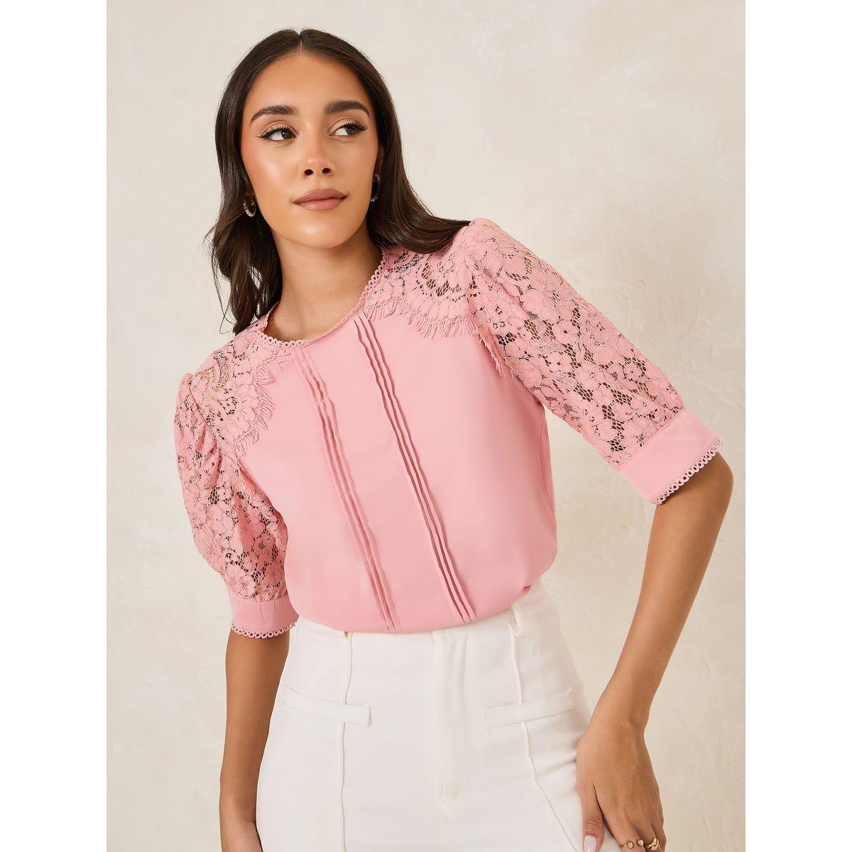 Styli Lace Detail Sleeves Pintuck Blouse with Tie Back-women-clothing-shirtsandblouses-blouses-image-1
