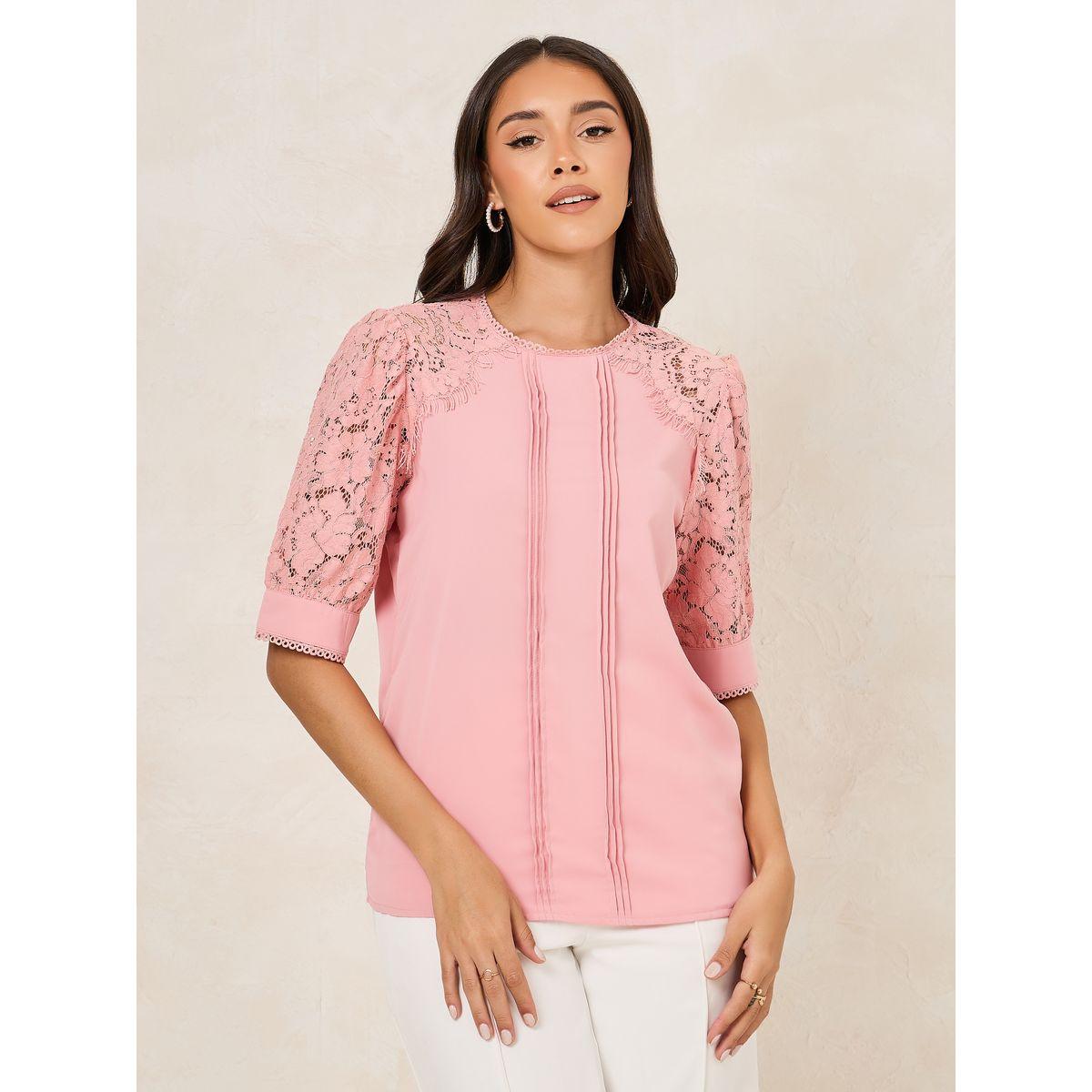 Styli Lace Detail Sleeves Pintuck Blouse with Tie Back-women-clothing-shirtsandblouses-blouses-image-3