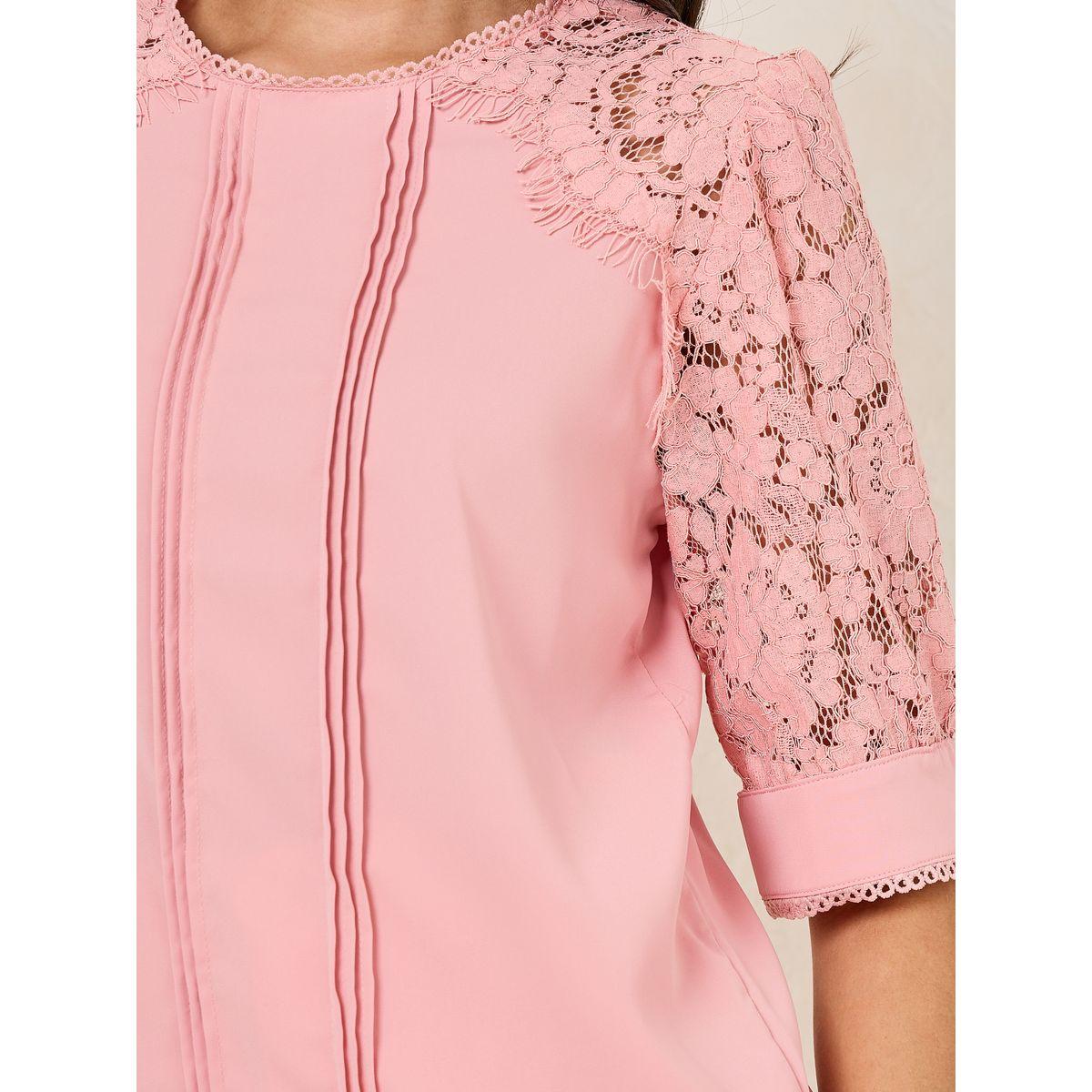 Styli Lace Detail Sleeves Pintuck Blouse with Tie Back-women-clothing-shirtsandblouses-blouses-image-4