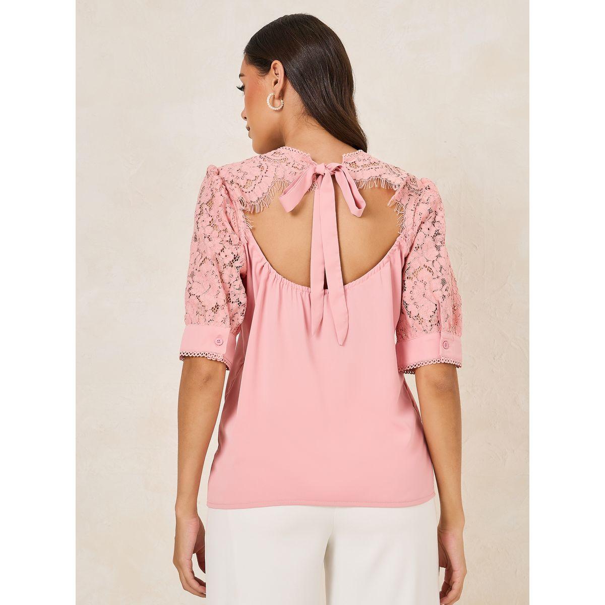 Styli Lace Detail Sleeves Pintuck Blouse with Tie Back-women-clothing-shirtsandblouses-blouses-image-5
