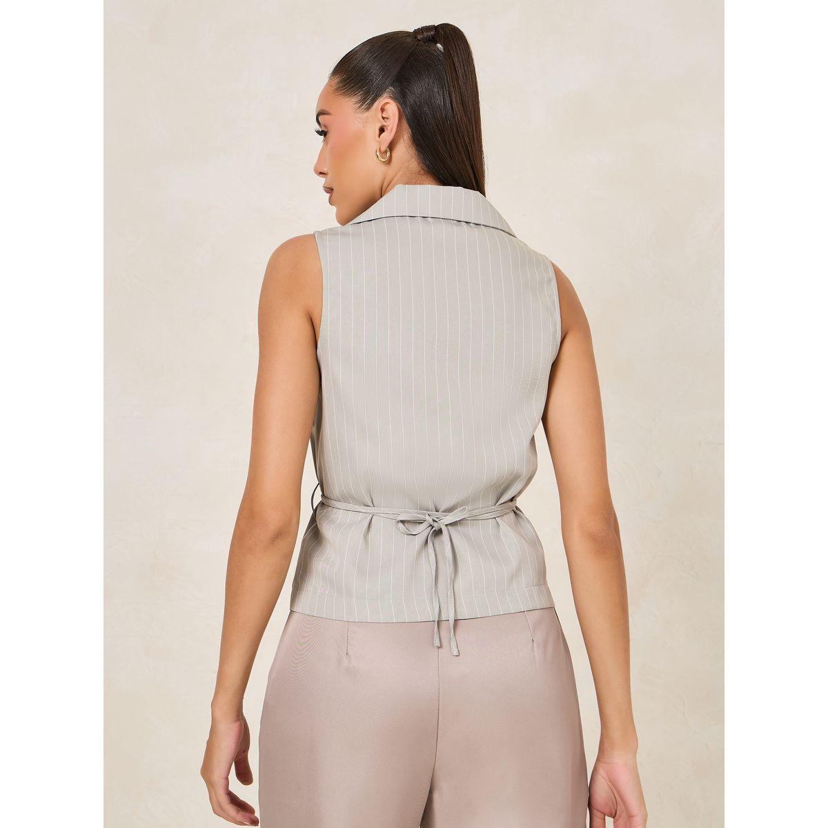 Styli Pinstripe Notch Lapel Collar Wrap Top-women-clothing-shirtsandblouses-blouses-image-4
