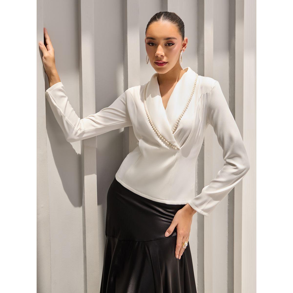 Styli Woven Lapel Collar Top with Faux Pearl Trim Detail-women-clothing-shirtsandblouses-blouses-image-1